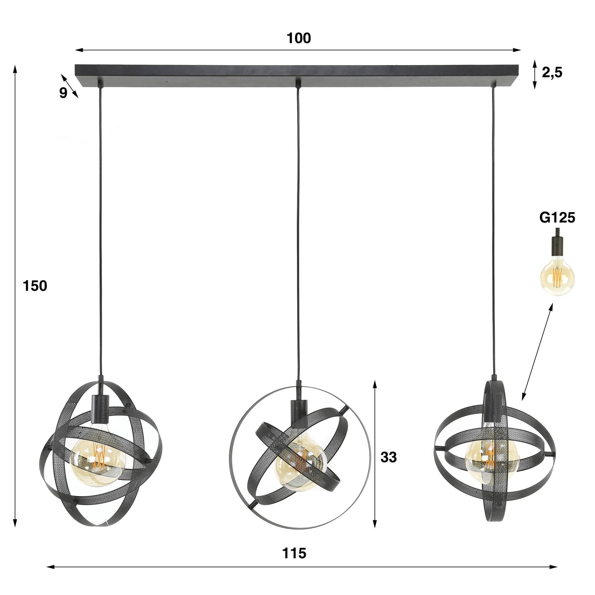 Lampe suspendue 3L maille cosmos / Noir Artic