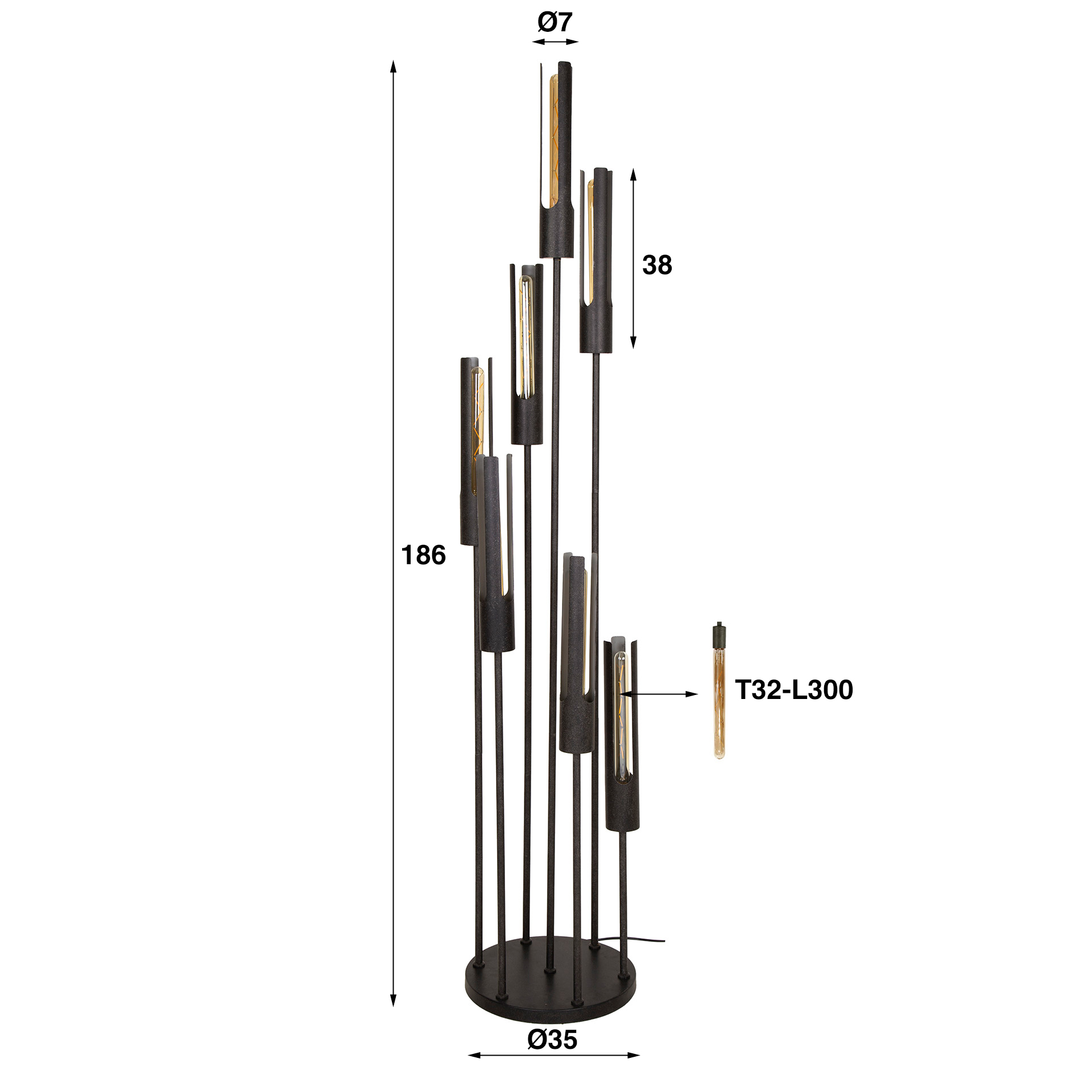 Lampadaire tube étagé 7L / Noir Artic