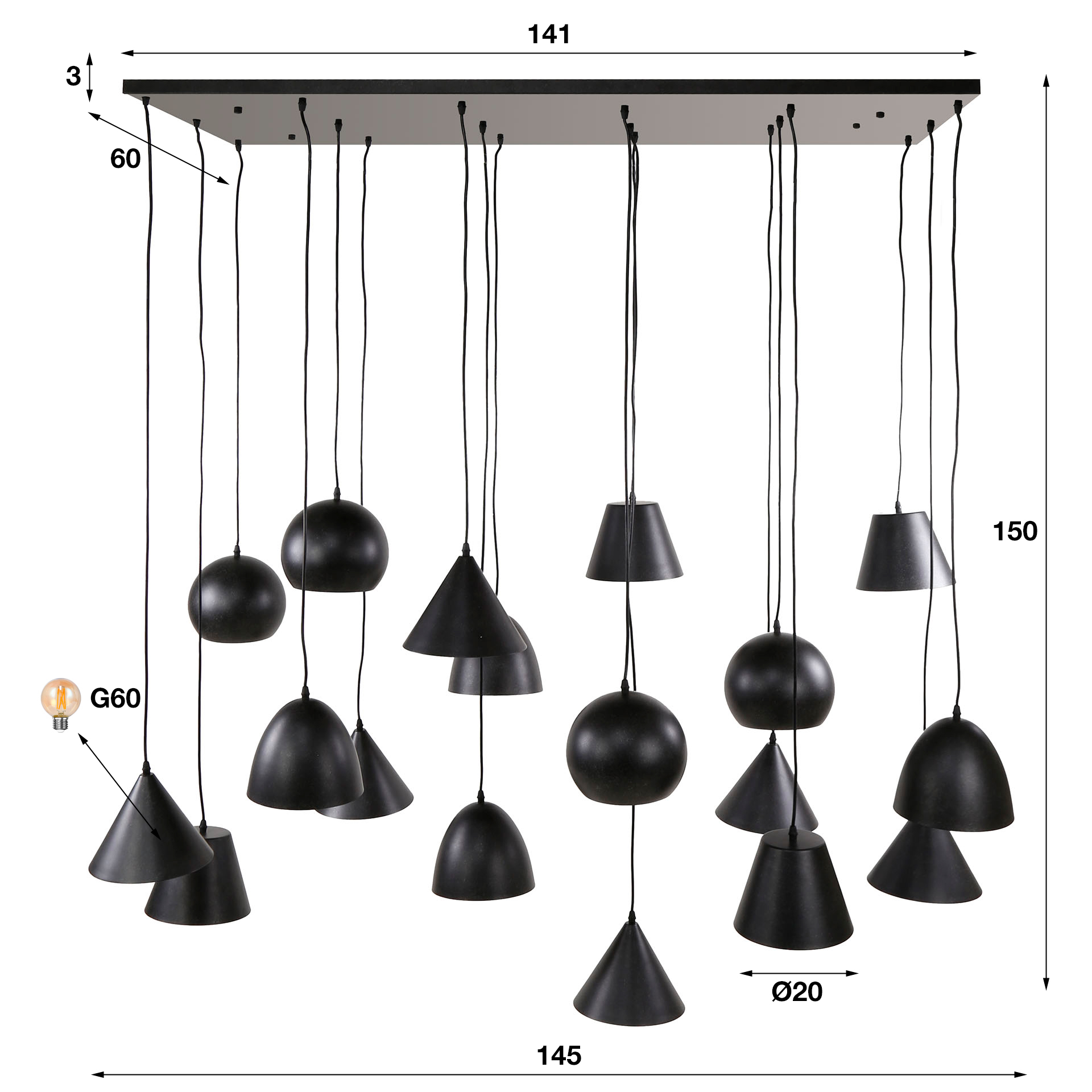 Lampe suspendue 18L XXL abat-jour métal / Noir Artic