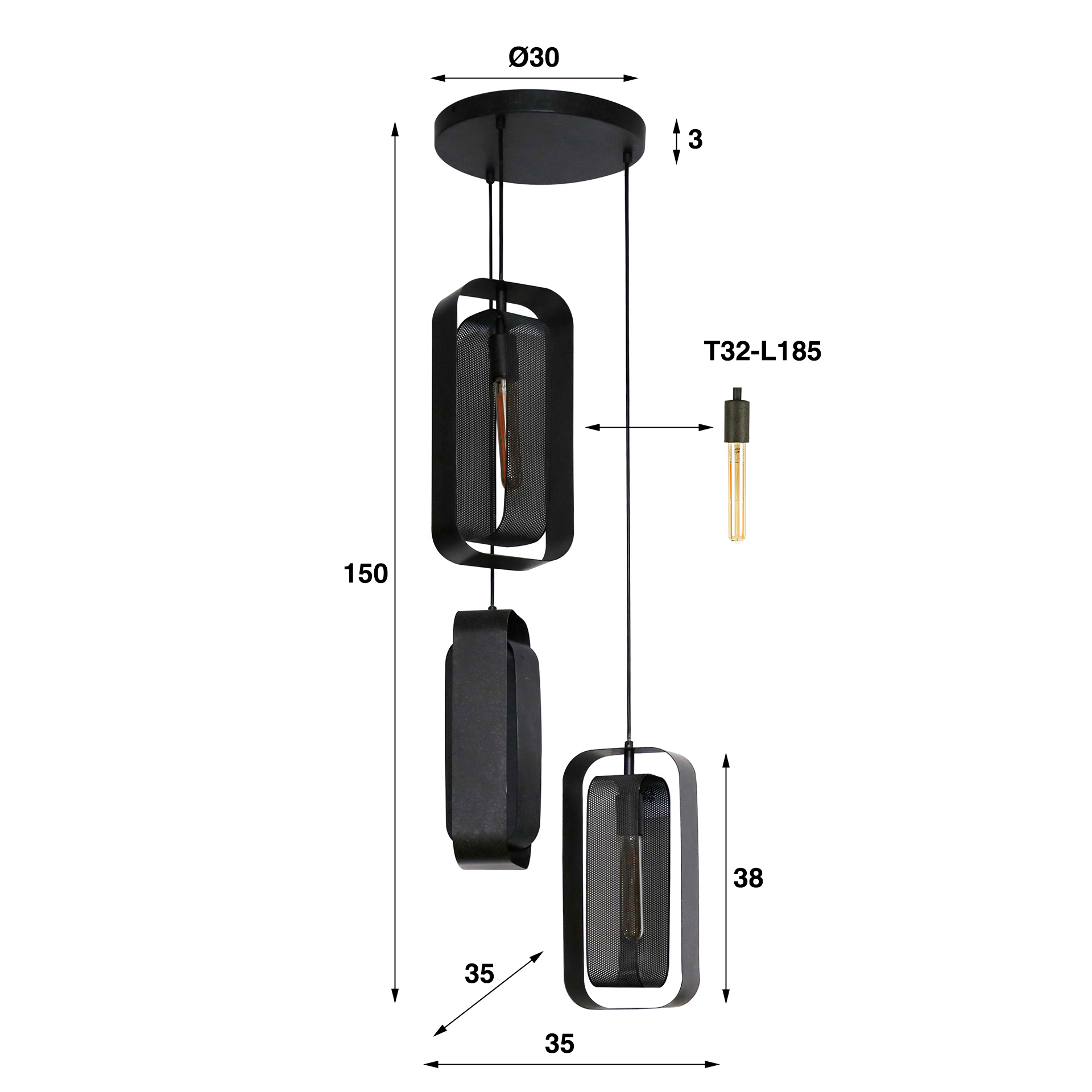 Lampe suspendue 3L maille rotative / Artic noir