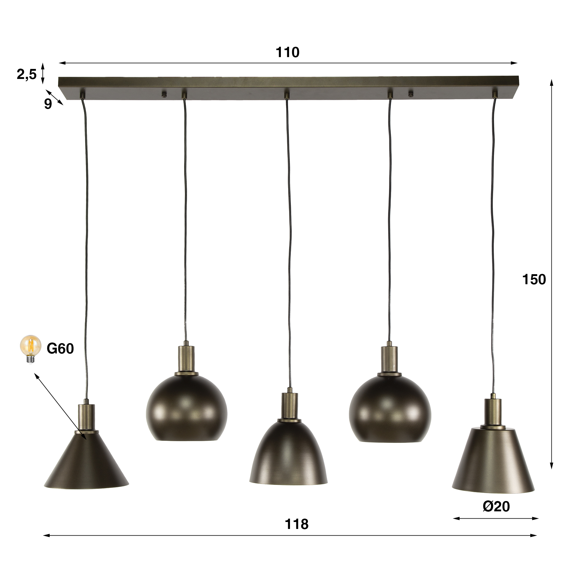 Lampe à suspension Metallo 5 lumières - Brun Sienne