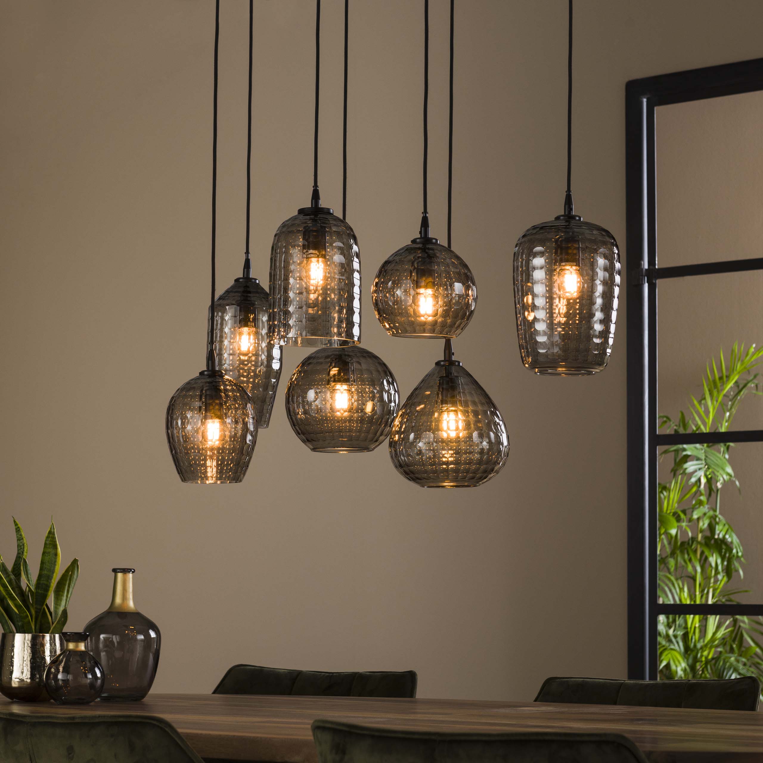 Lampe suspendue Hexagon 4+3 lumières - Verre gris fumé