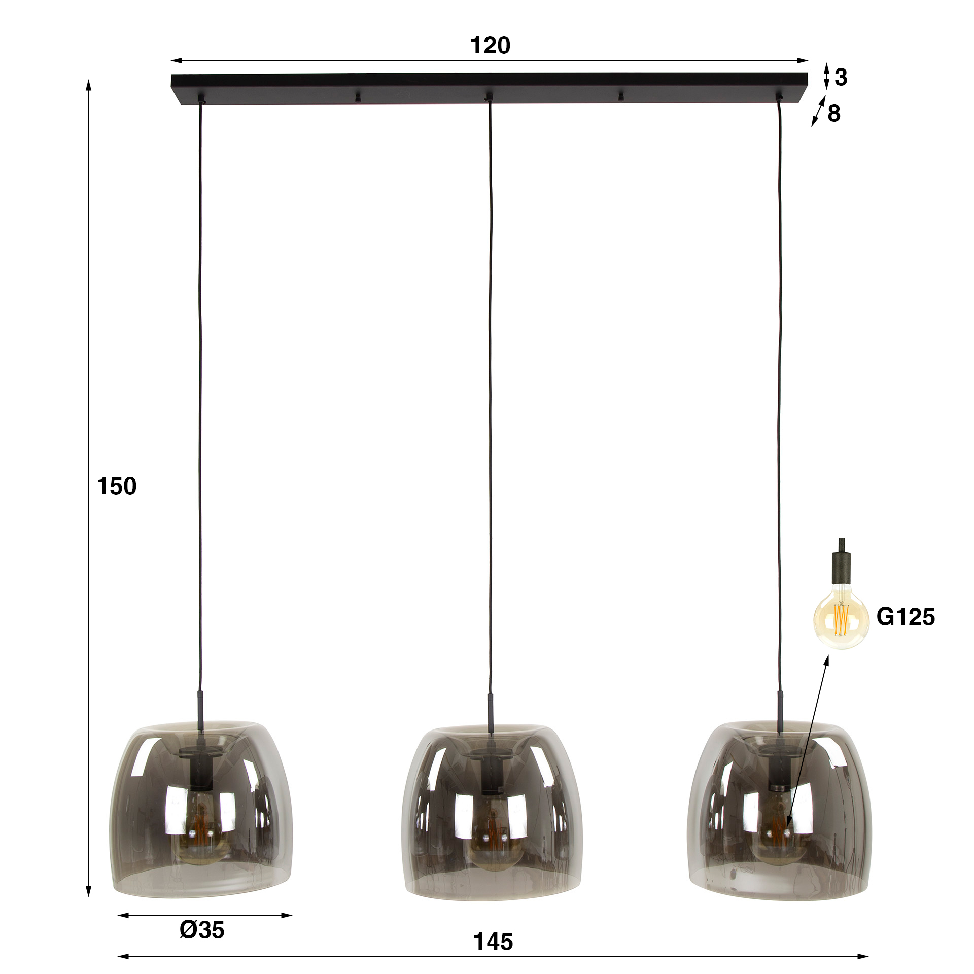 Lampe suspendue 3L verre drift / Verre gris fumé