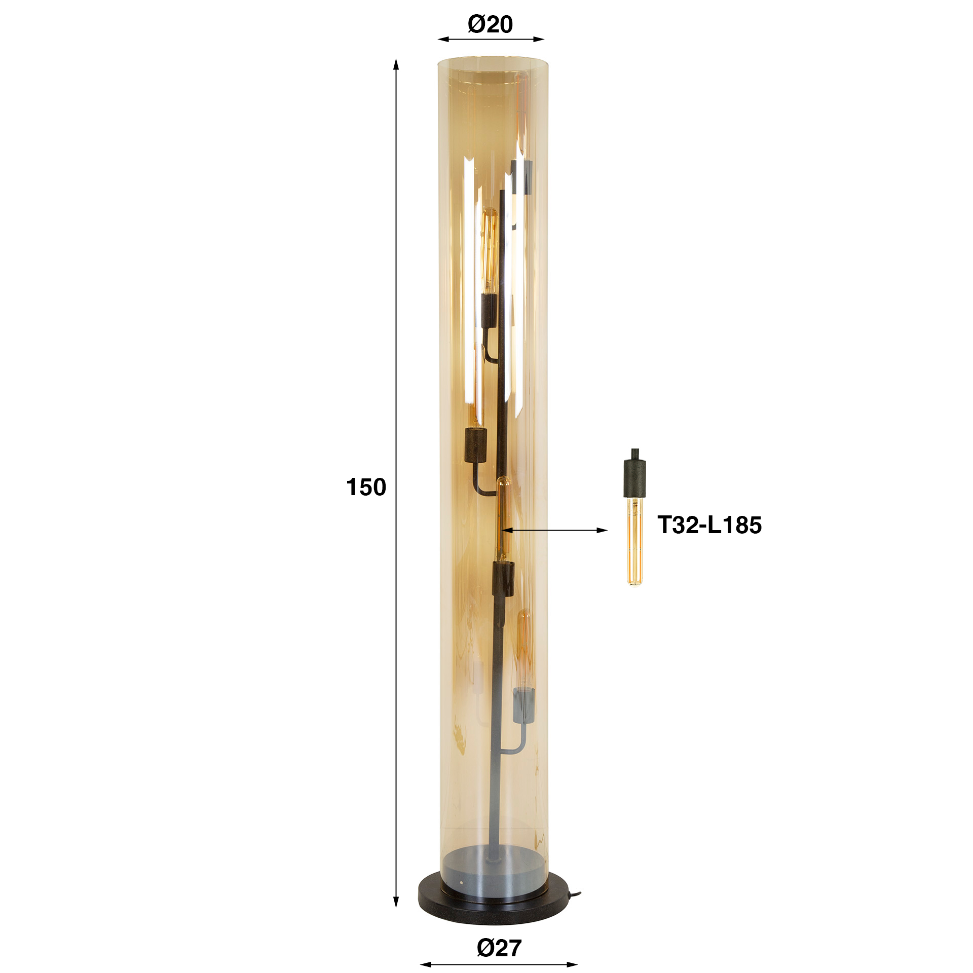 Lampadaire tube 5L verre ambré / Noir Artic