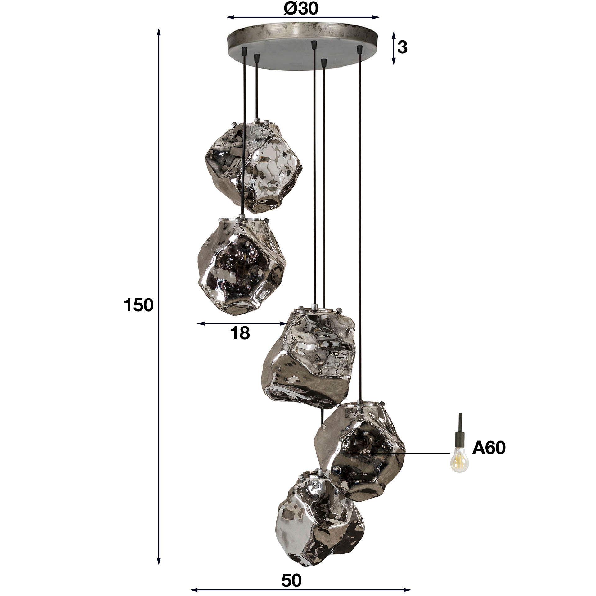 Lampe suspendue 5L roche à gradins / Verre chromé