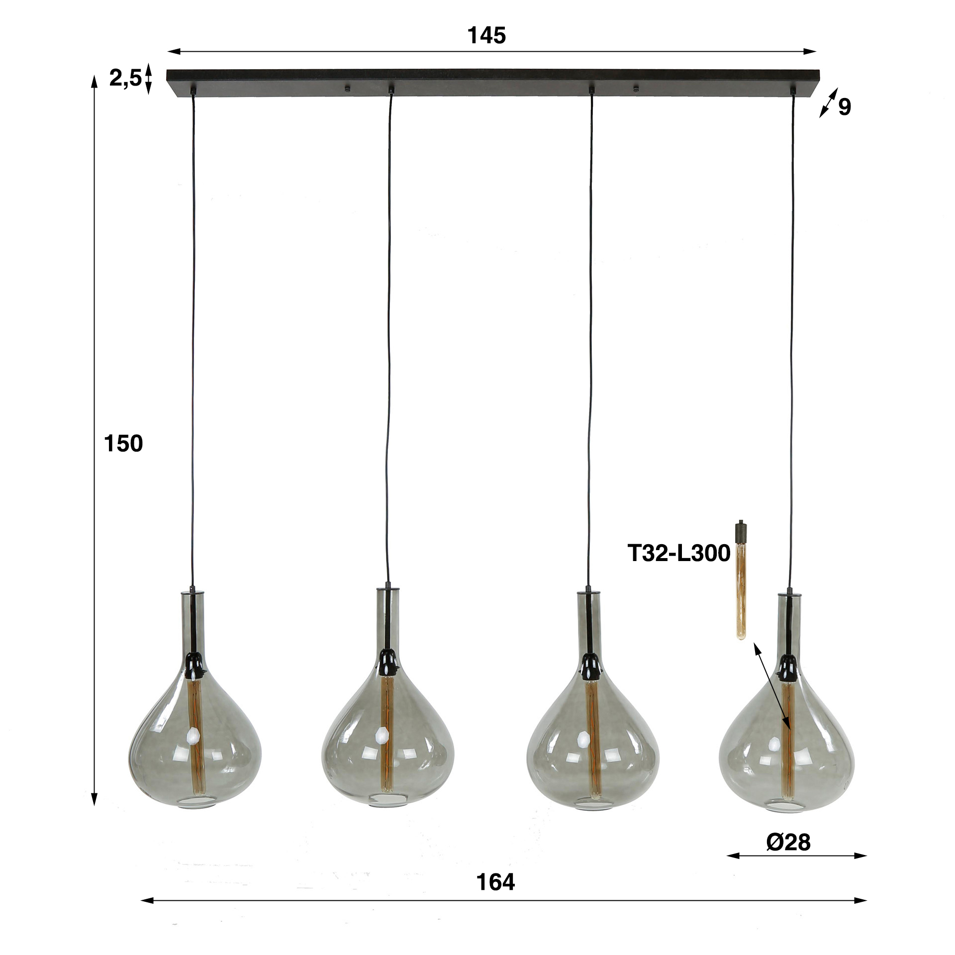 Lampe suspendue 4L goutte verre fumé / Noir Artic