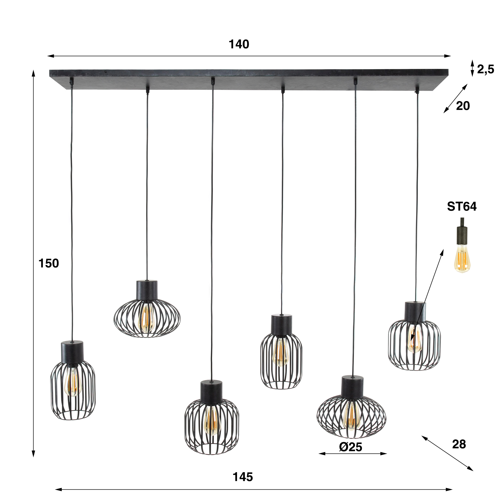 Lampe suspendue 3+3 mix métal / Charbon