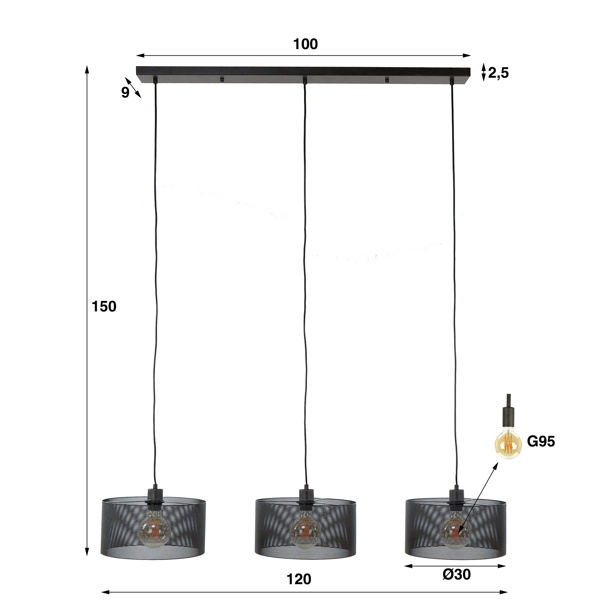 Lampe suspendue 3L maille ronde / Noir Artic