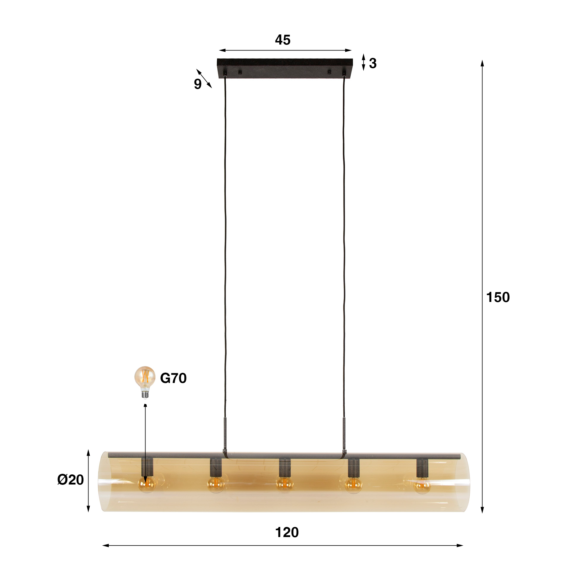 Lampe à suspension tube 5L verre ambré / Noir Artic