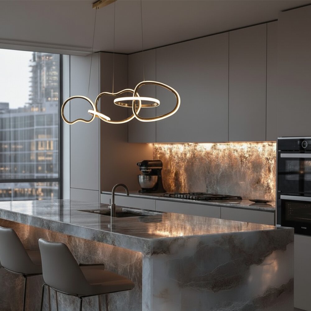 Lampe suspendue Aurora – Design 5 anneaux Or 120 cm