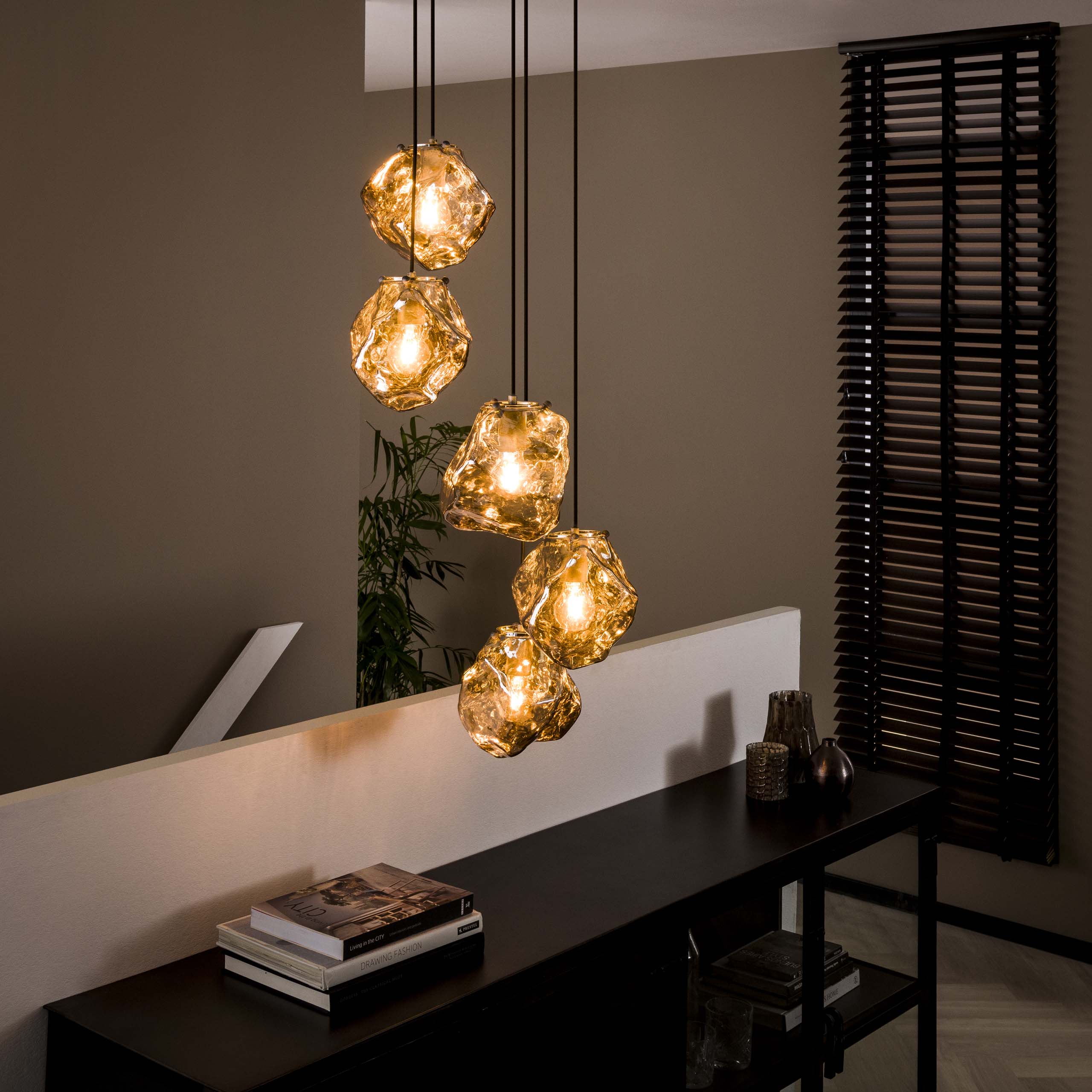 Lampe suspendue 5L roche à gradins / Verre chromé