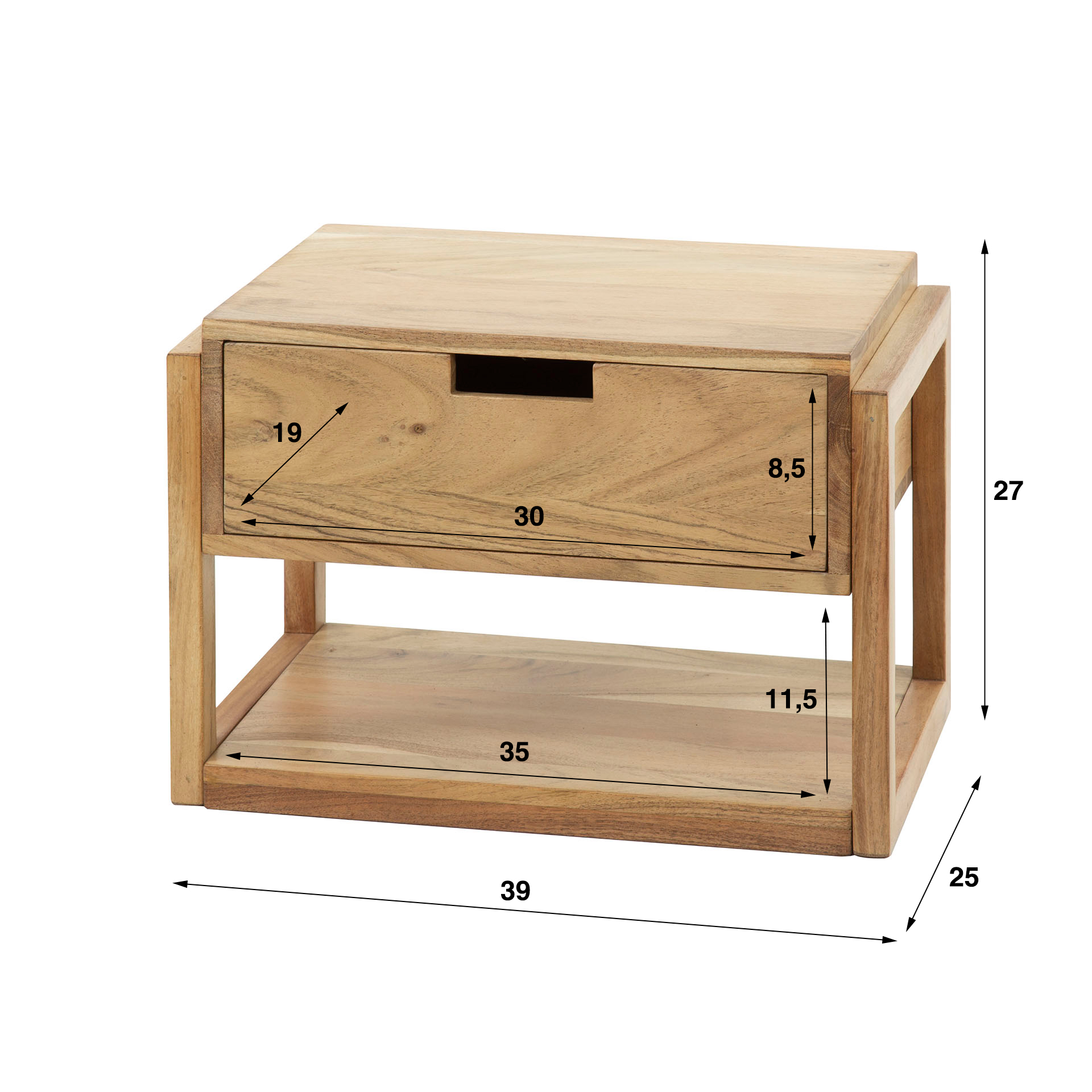 Table de chevet 1L structure bois flottante / Acacia massif naturel