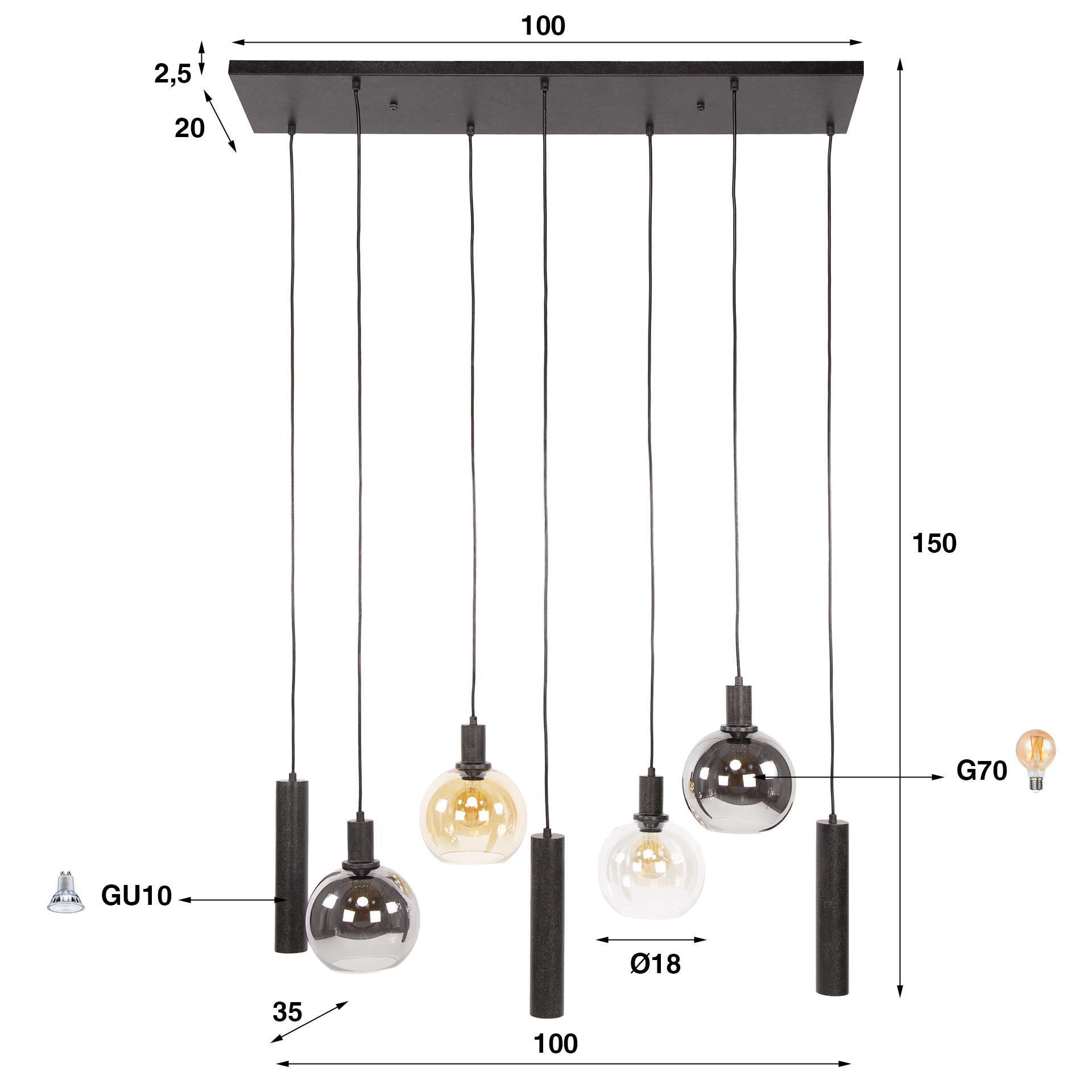Lampe suspendue Sfera Tricolore 4+3 - Noir arctique