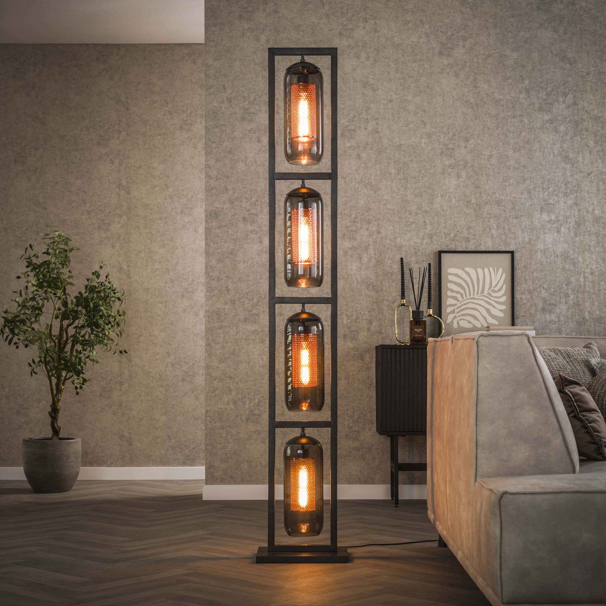 Lampadaire tour 4L verre fumé-acier perforé / Noir Artic