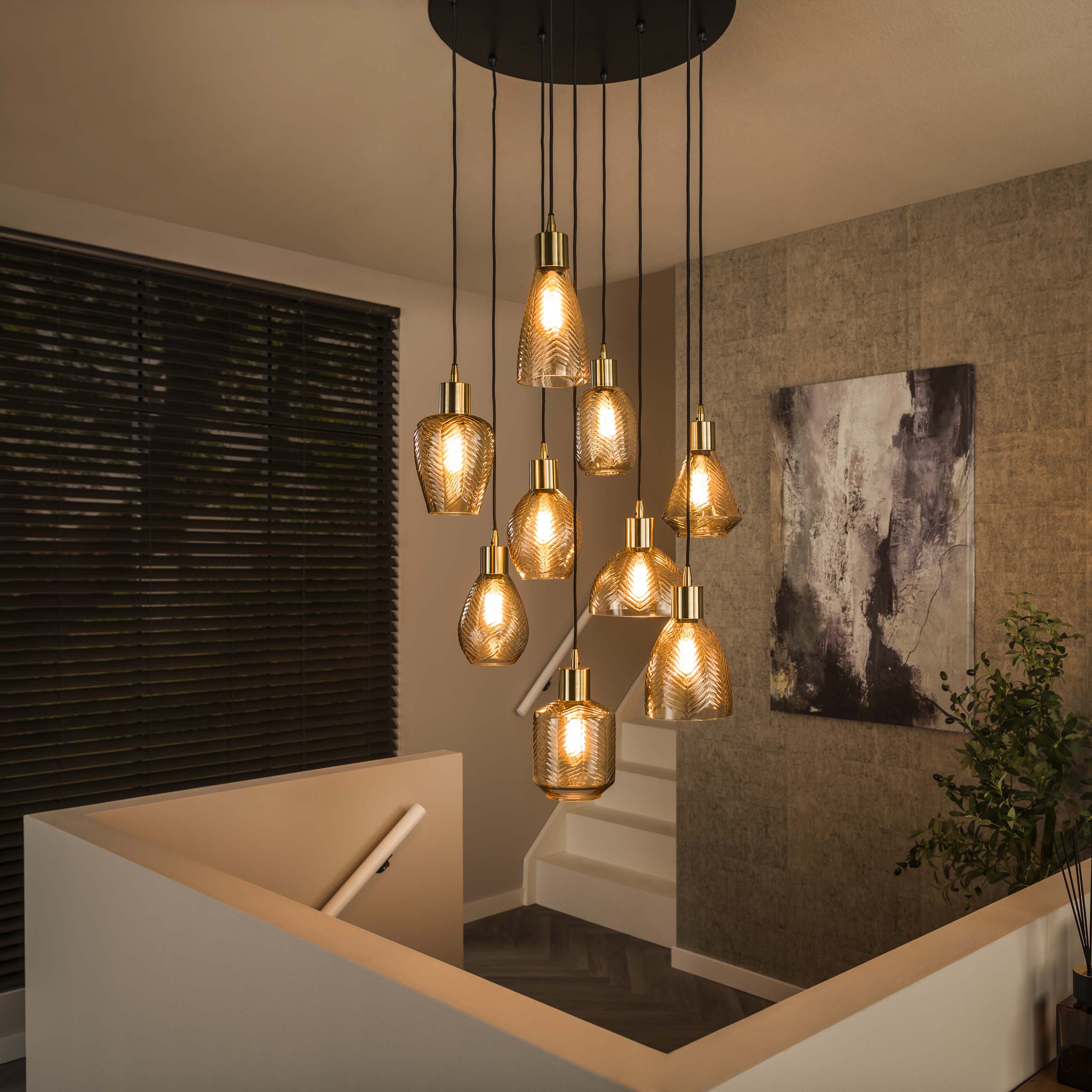 Lampe suspendue 9L feuille étagée / Verre couleur ambre