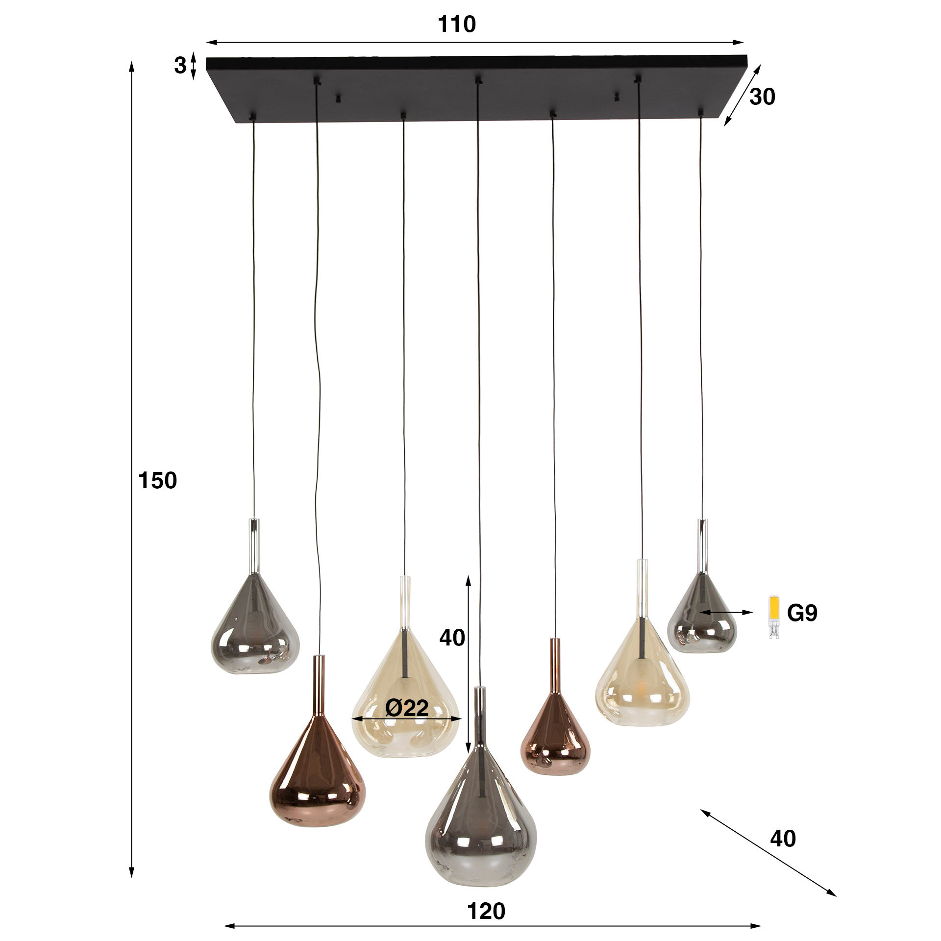 Lampe suspendue 4+3 ailes mix verre / Noir