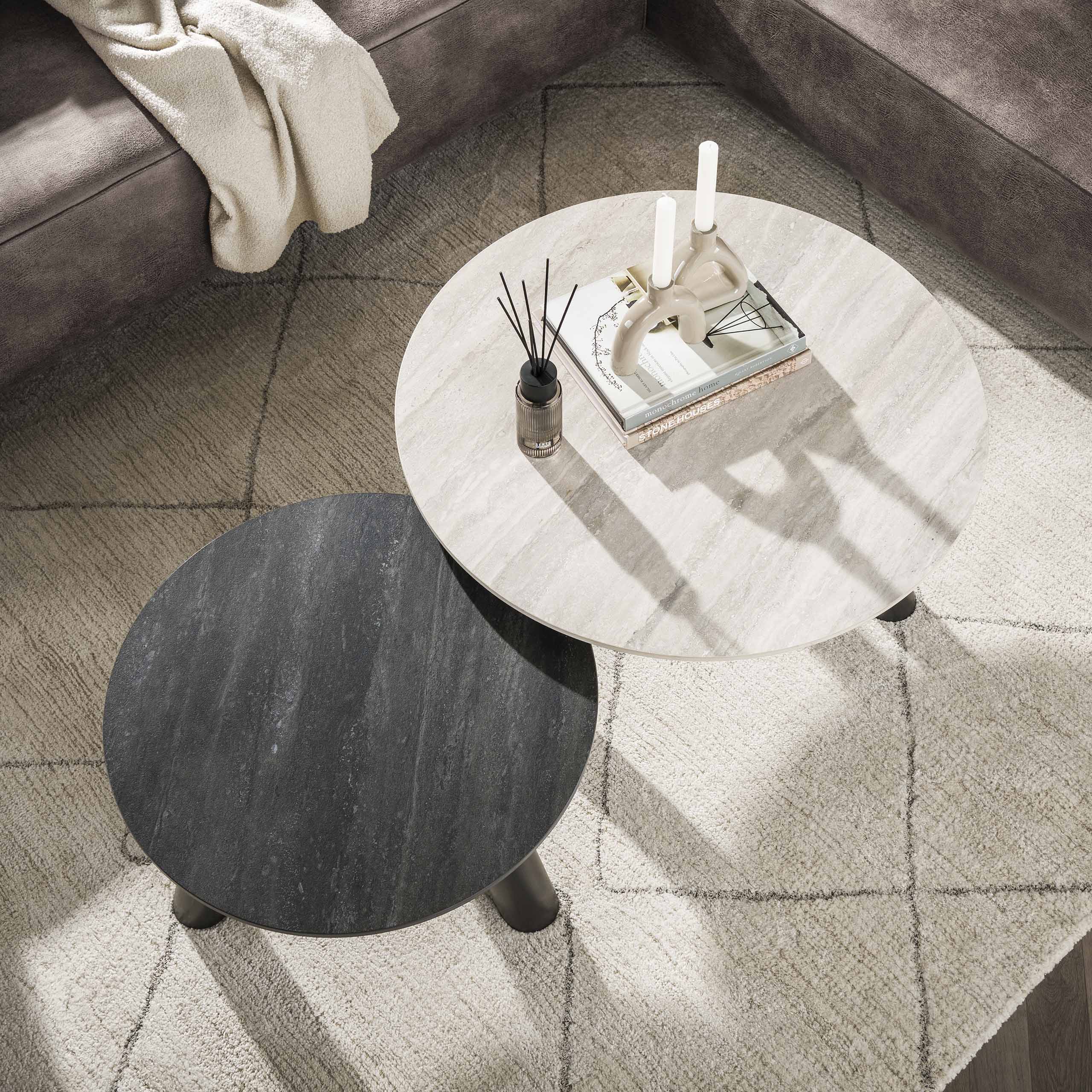 Table basse Twin ronde - Lot de 2 - Travertin noir/gris