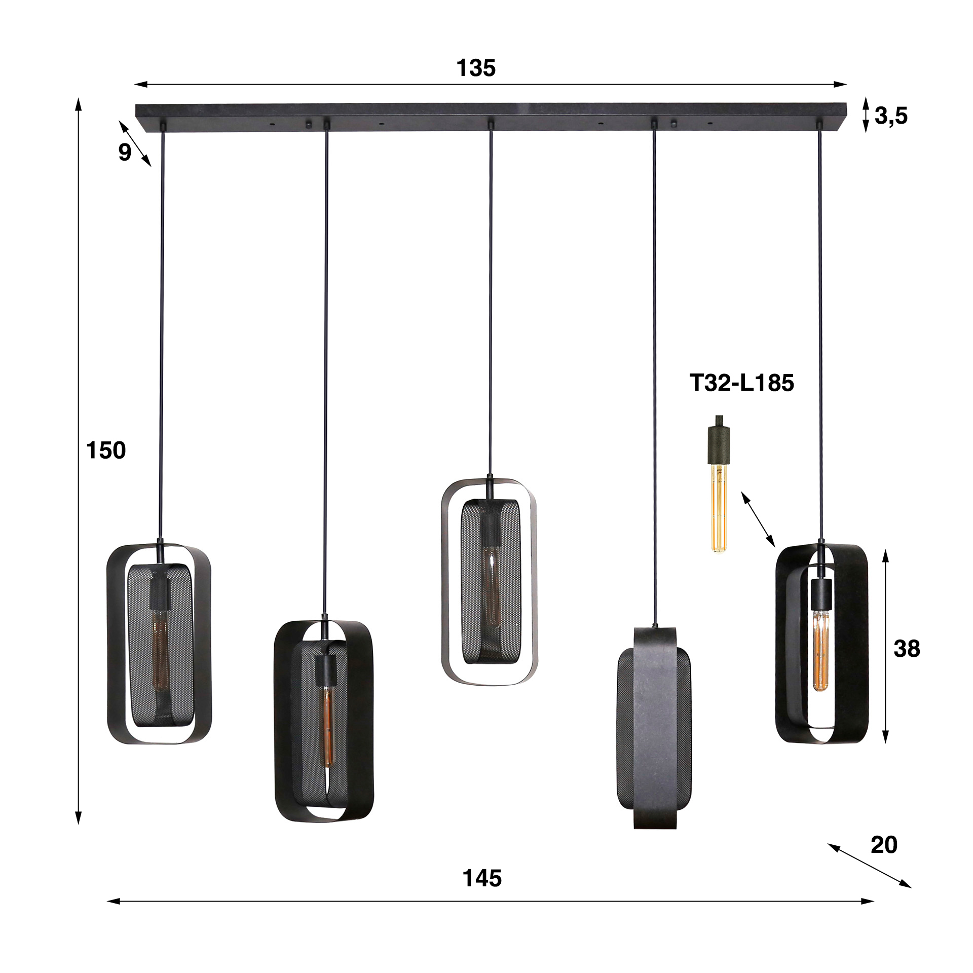 Lampe suspendue 5L maille rotative / Artic noir