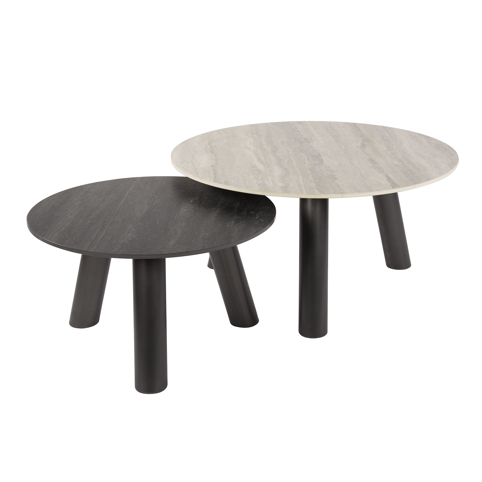 Table basse Twin ronde - Lot de 2 - Travertin noir/gris
