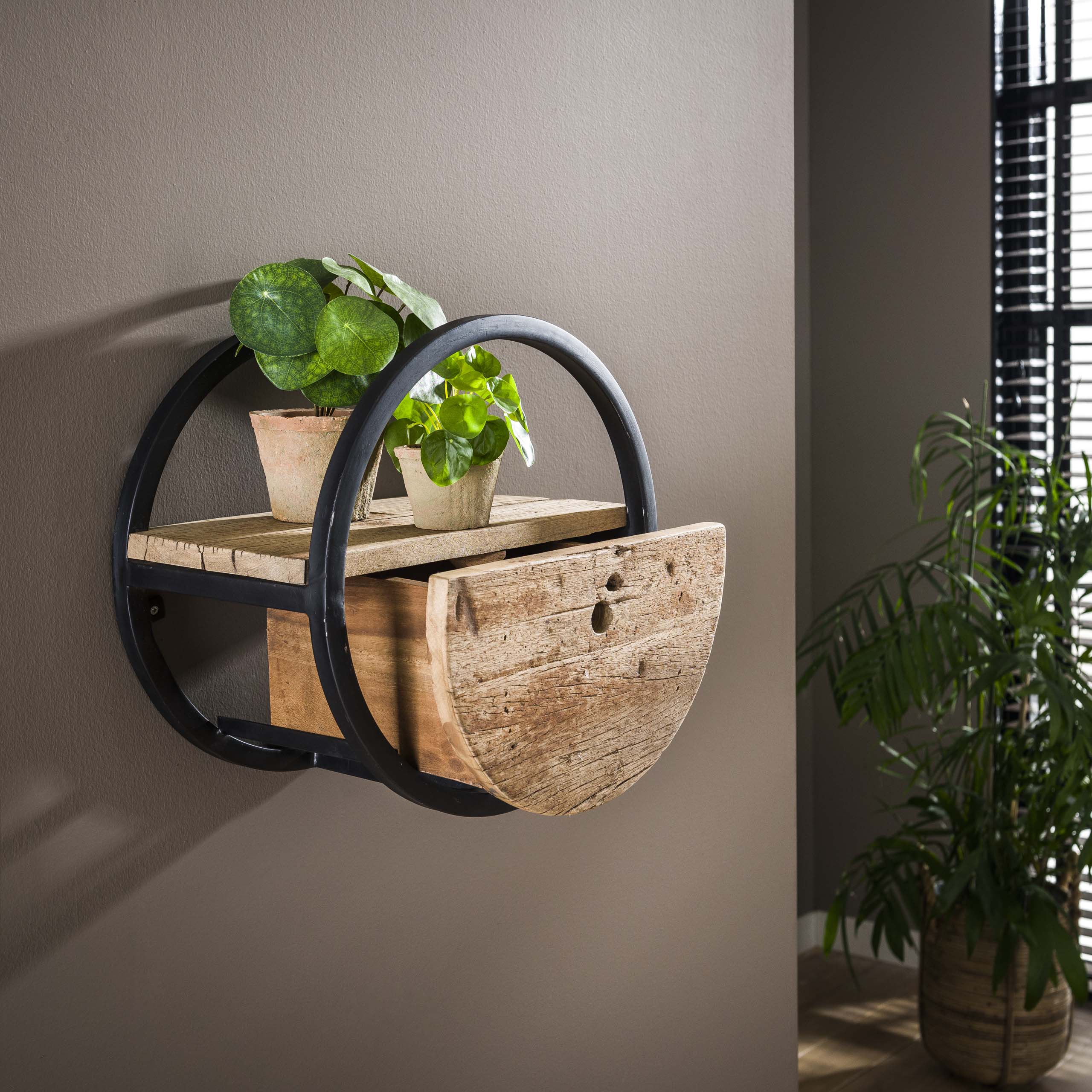 Etagère murale circulaire Ø40 avec tiroir / Bois dur robuste
