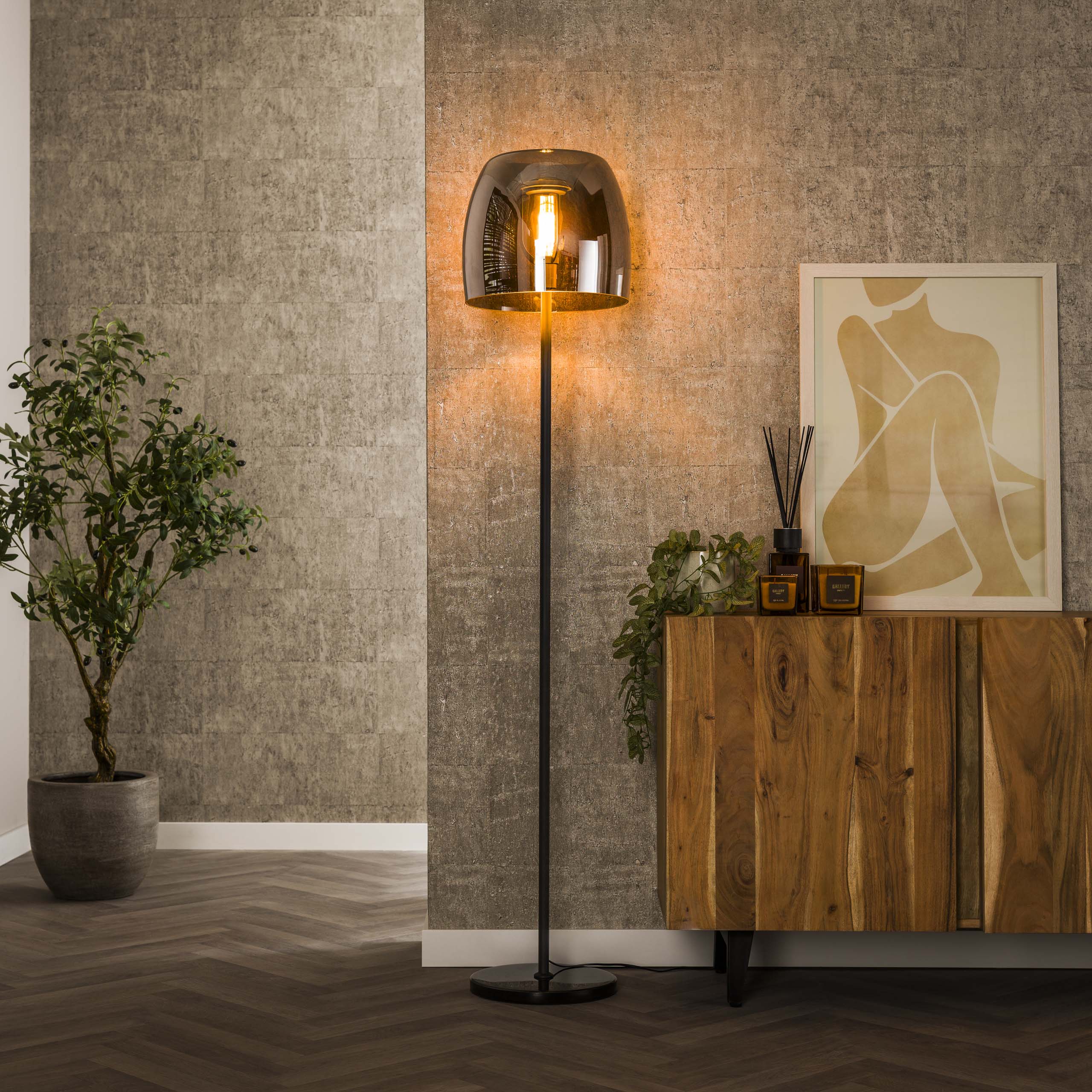 Lampadaire 1L verre drift / Verre gris fumé