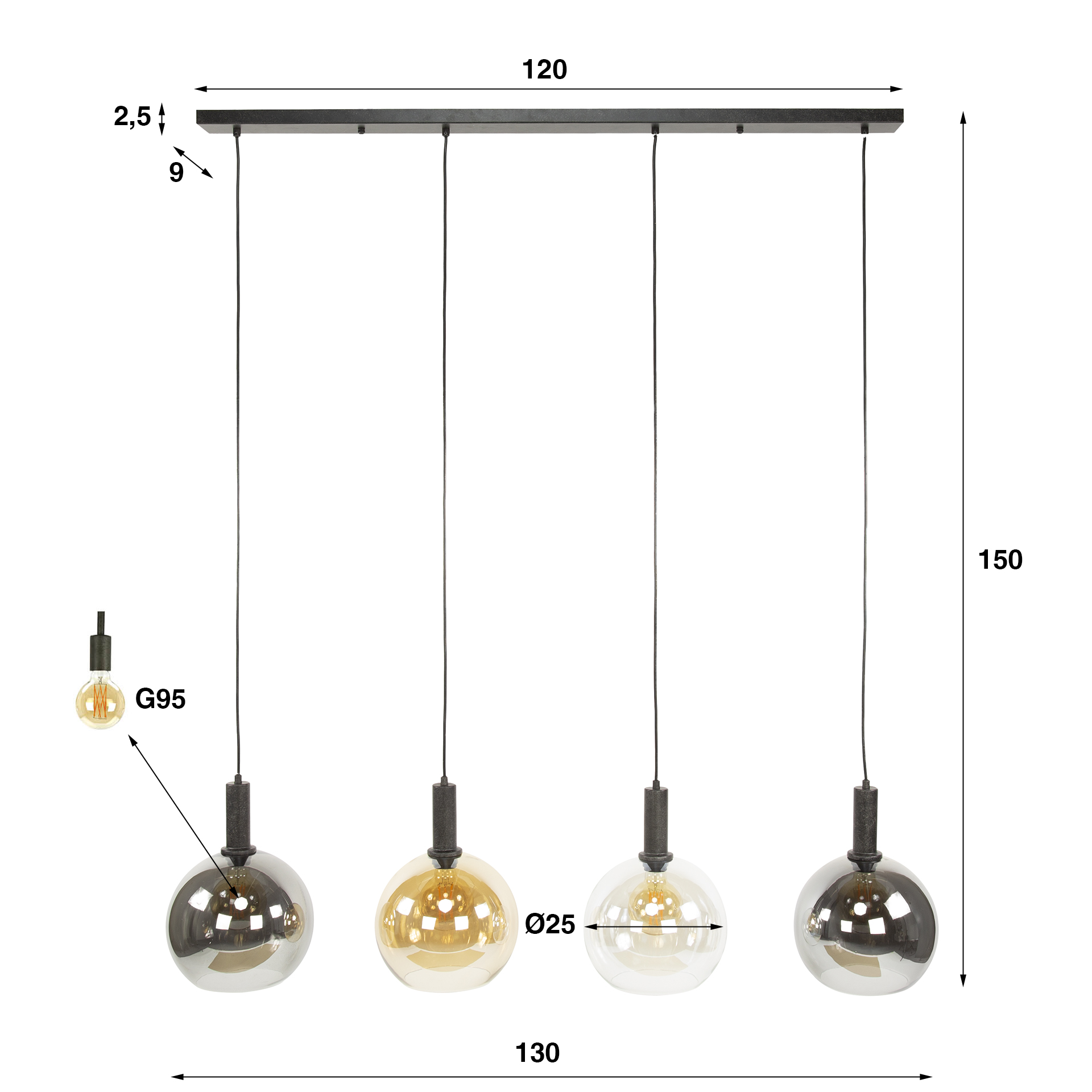 Lampe à suspension Sfera Tricolore 4 lumières - Noir arctique