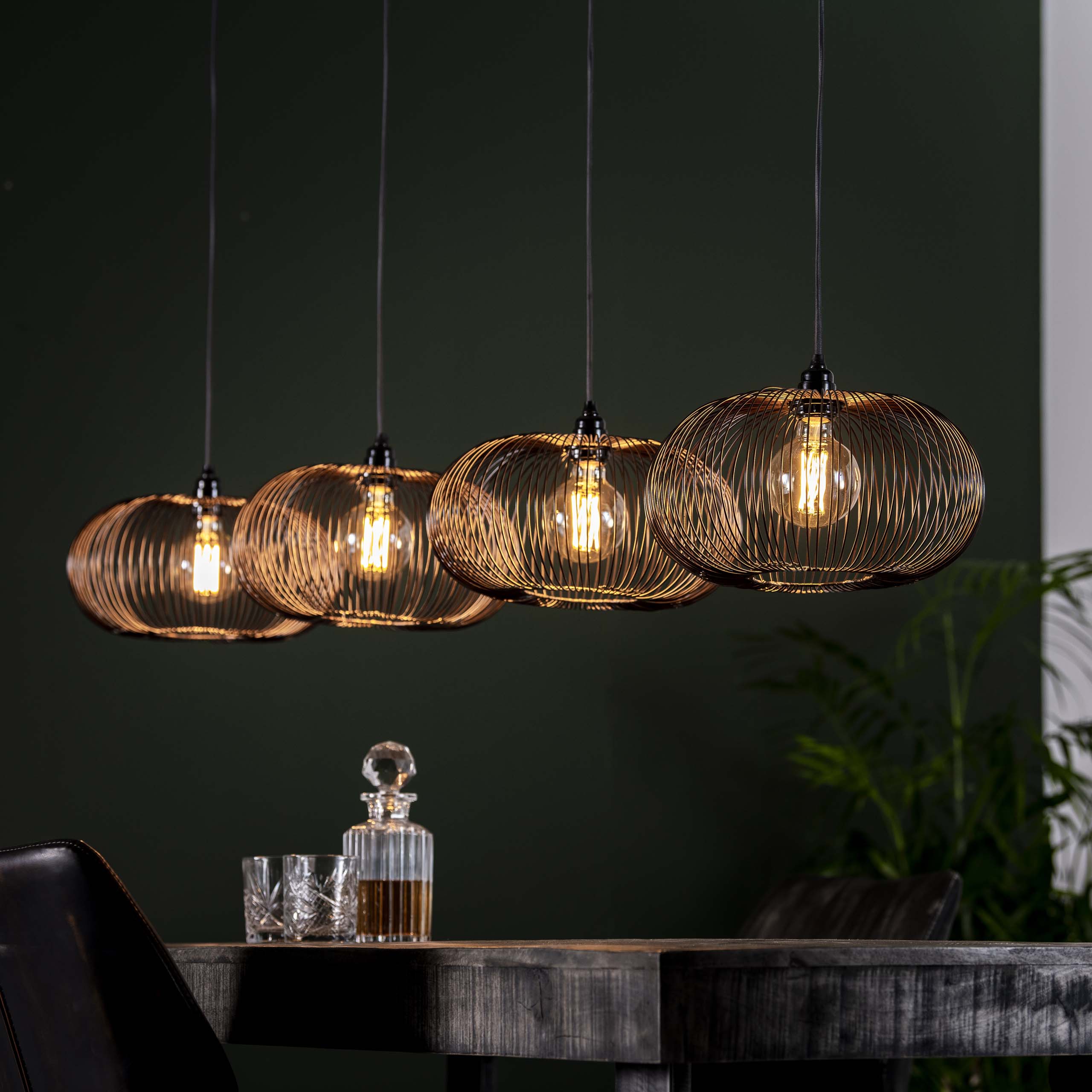 Lampe à suspension 4x Ø35 disque fil cuivre torsadé / Nickel noir