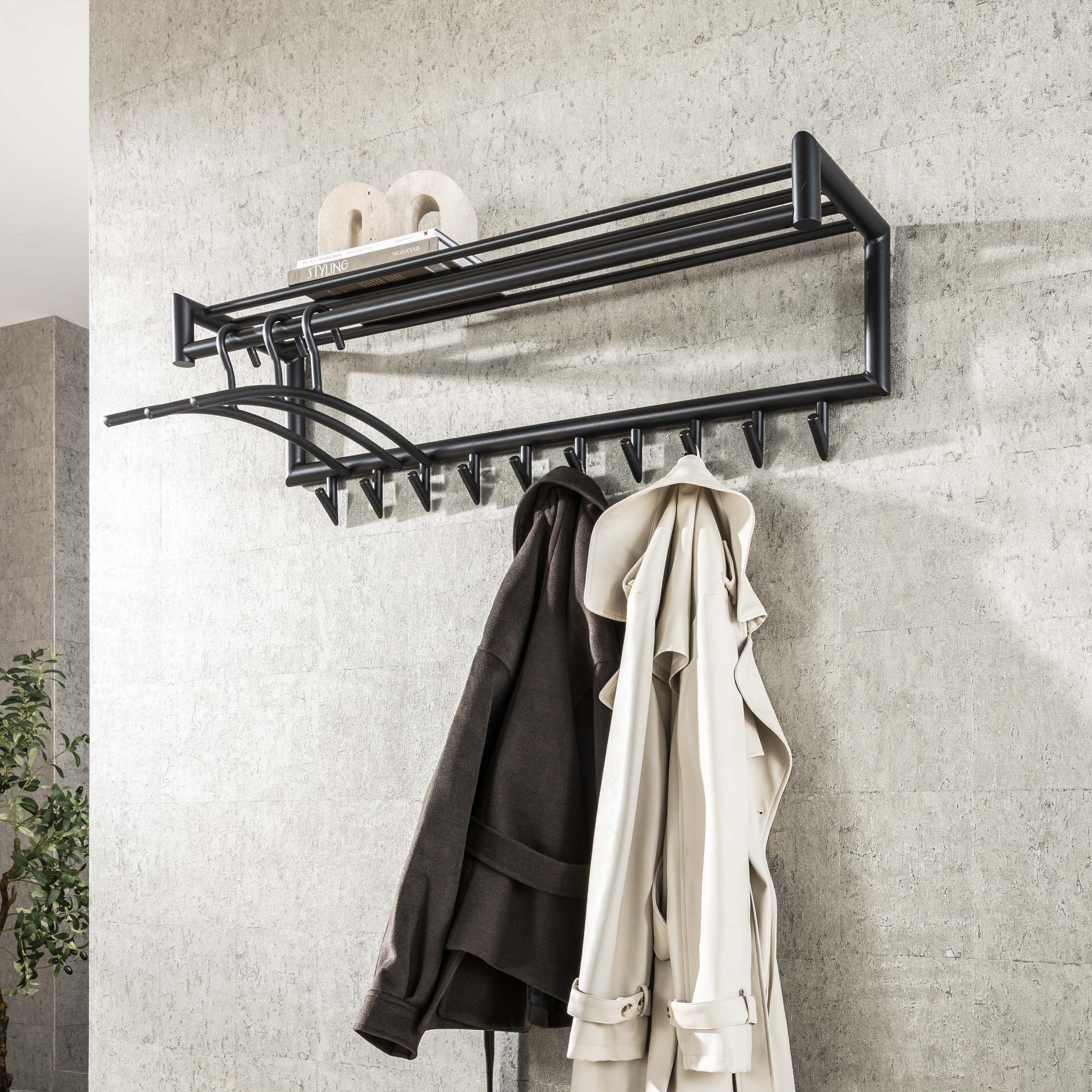 Porte manteau Tubo tringle + étagère à chapeaux 10 patères - Gris foncé mat