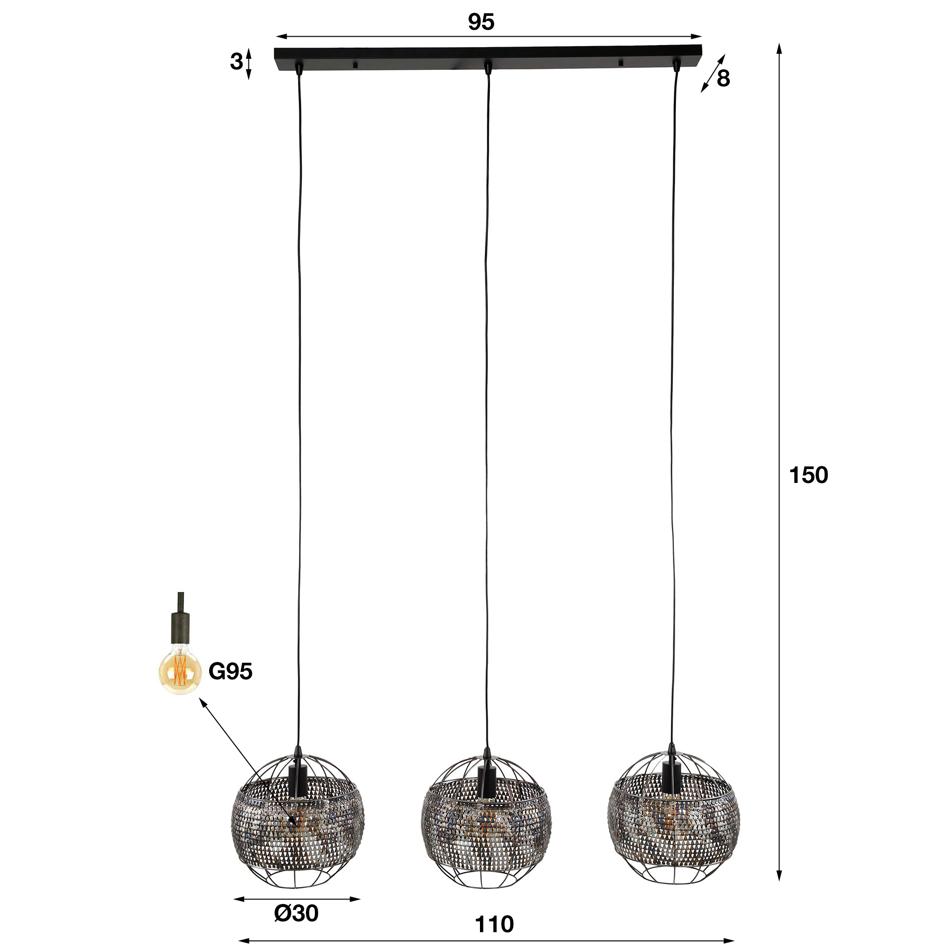 Lampe suspendue 3L Ø30 armure ouverte / Noir marron