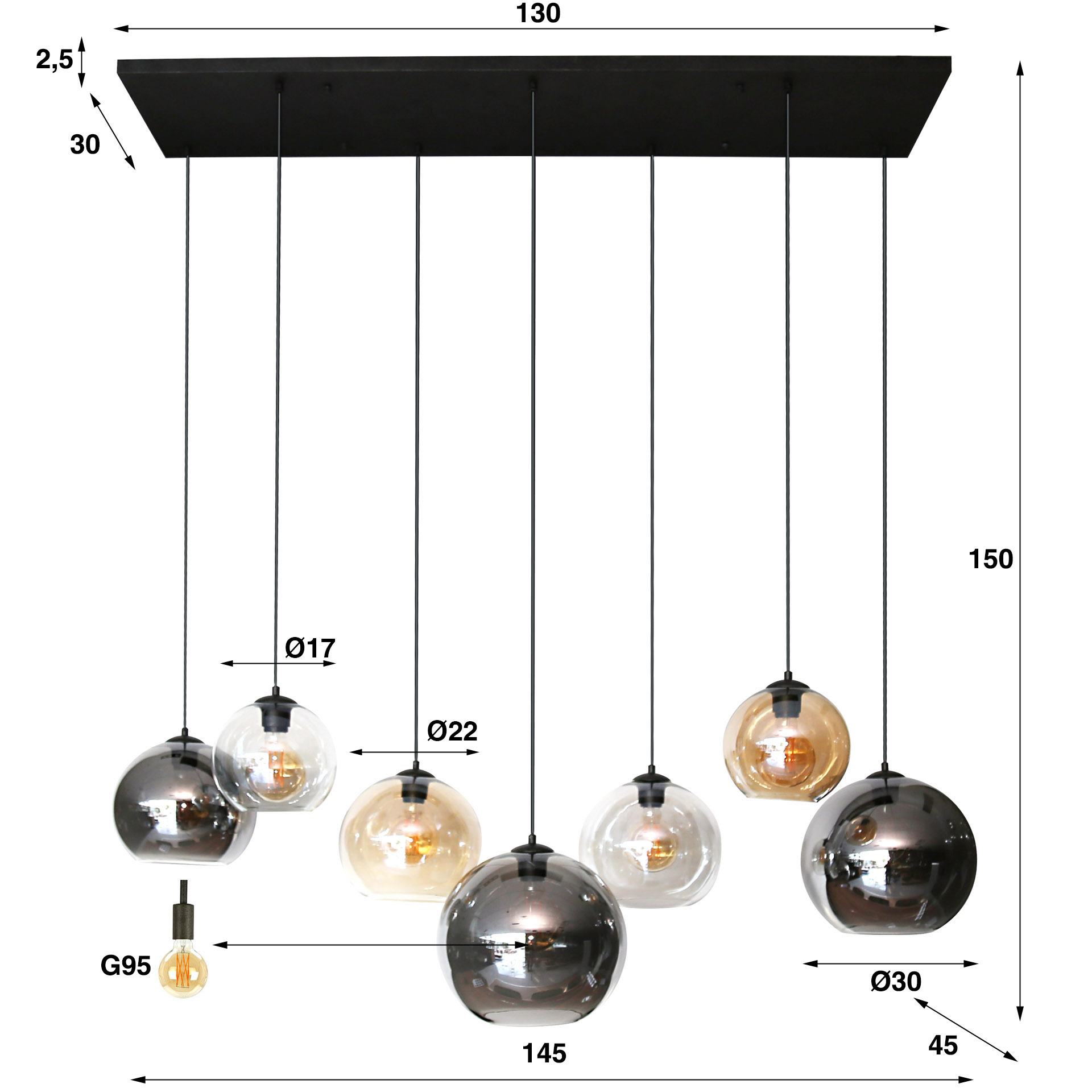 Lampe suspendue 4+3 multi globe XL / Noir Artic