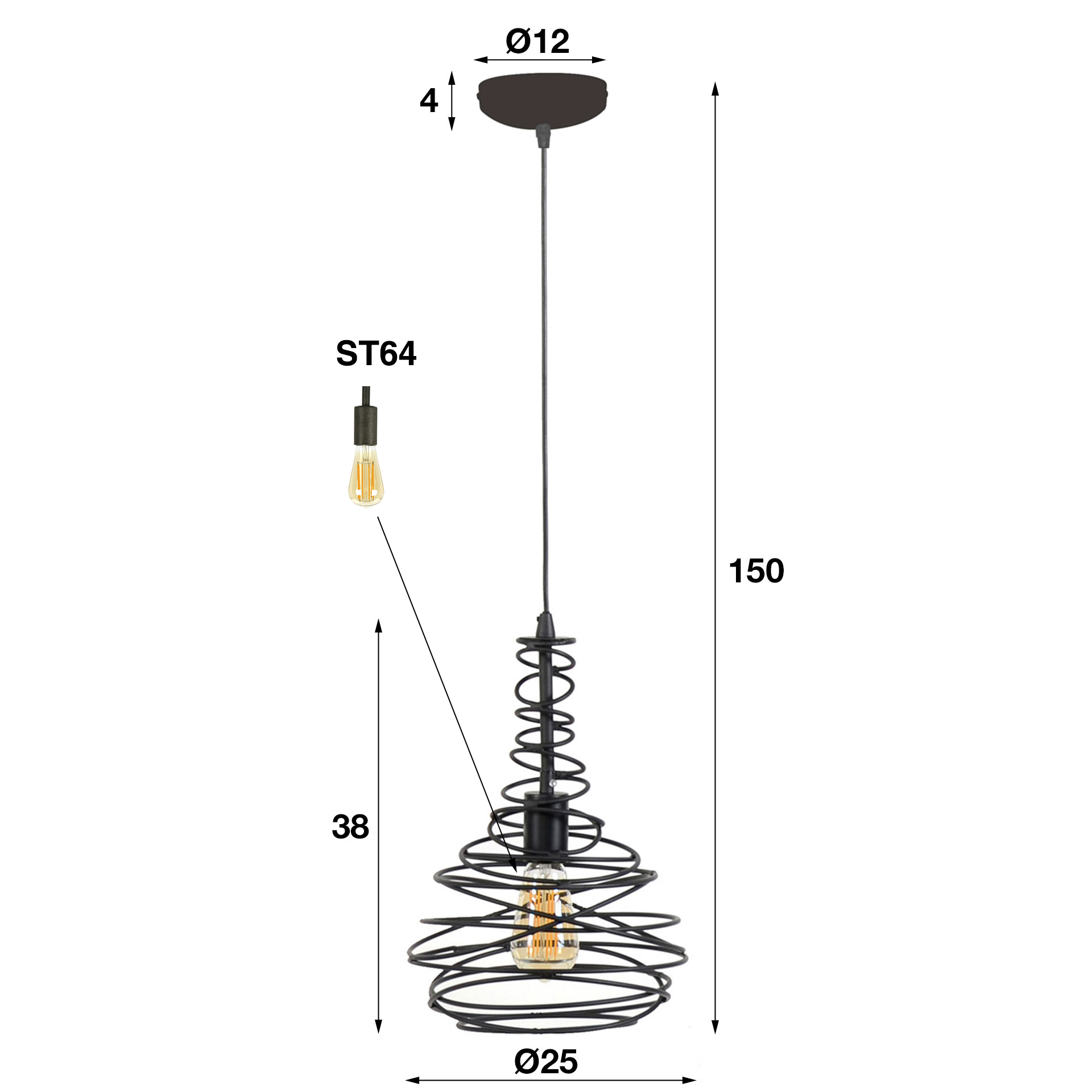 Lampe suspendue 1x Ø25 cône tournant / Noir