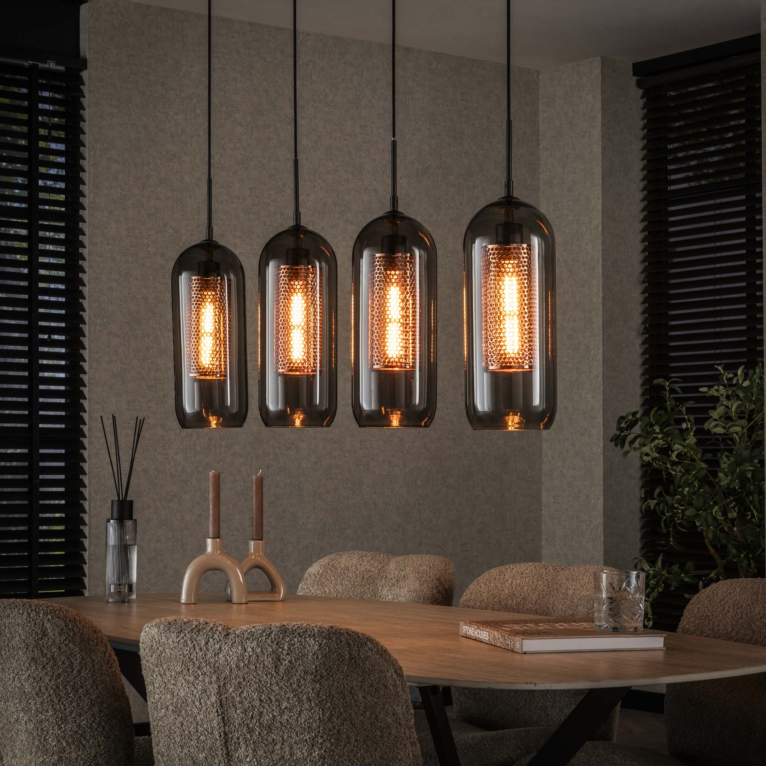 Lampe à suspension 4L verre fumé-acier perforé / Noir Artic