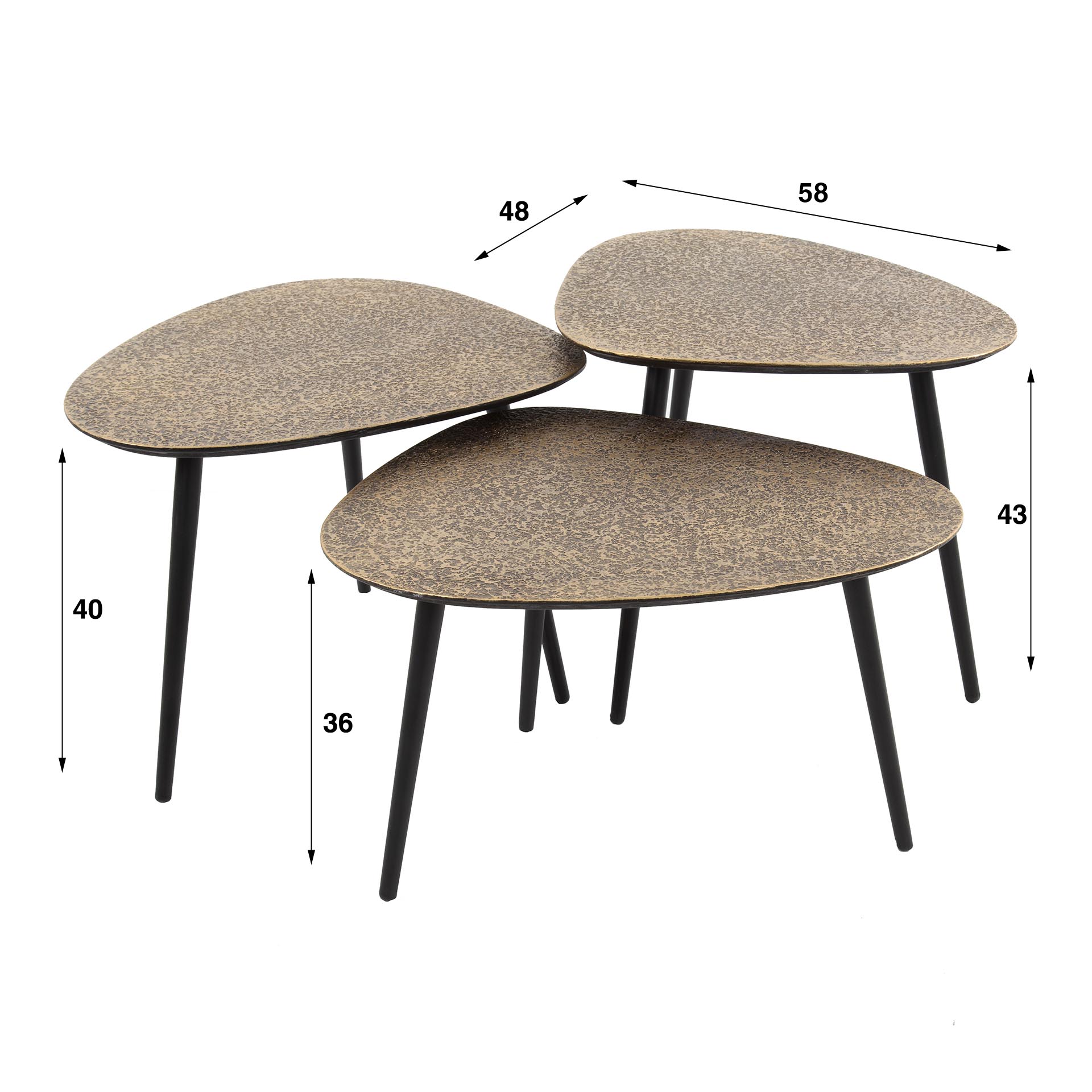 Ensemble de 3 tables basses triangulaires métalliques / Bronze antique