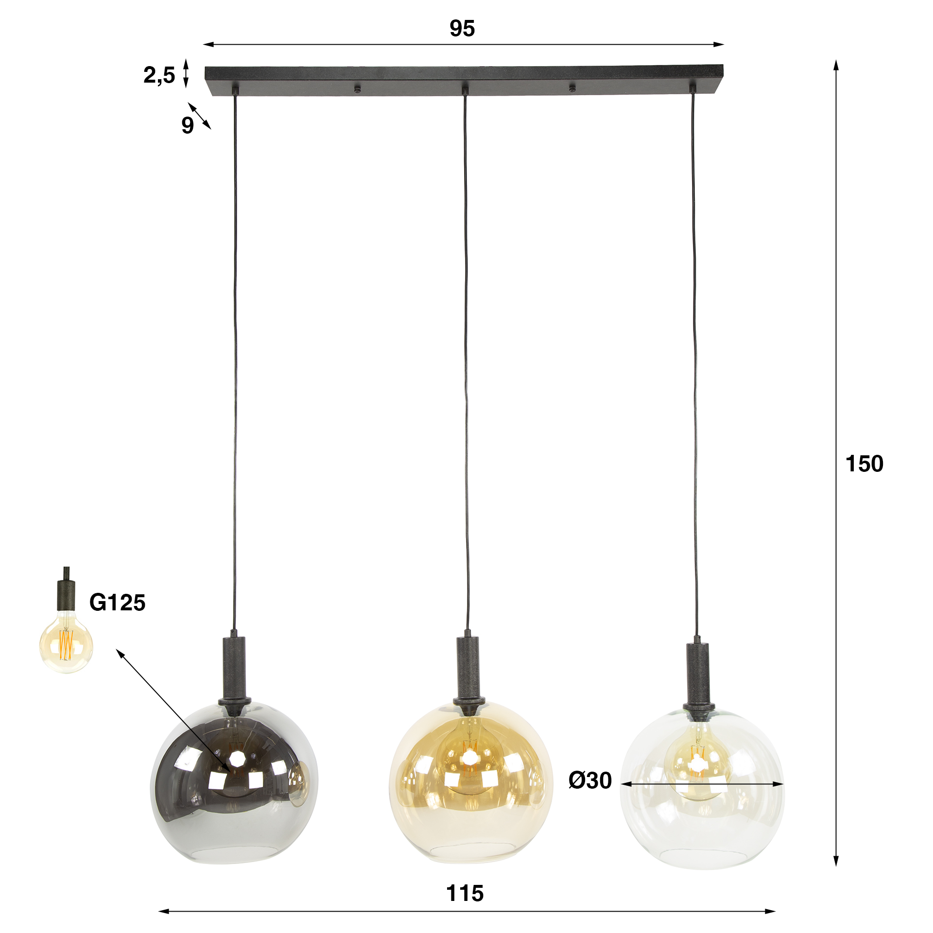 Lampe suspendue Sfera Tricolore 3 lumières - Noir arctique