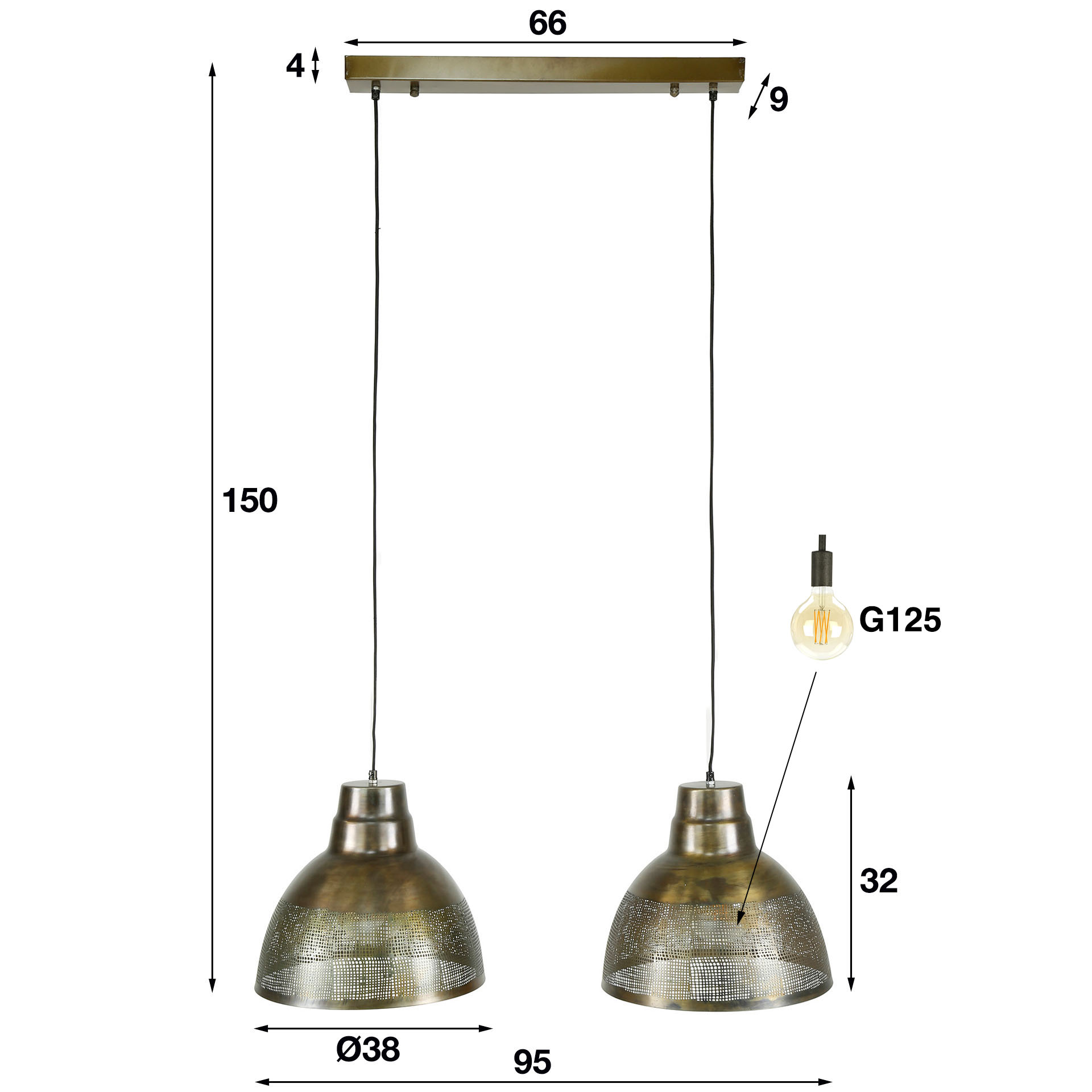 Lampe suspendue 2xØ38 écran / Bronze antique