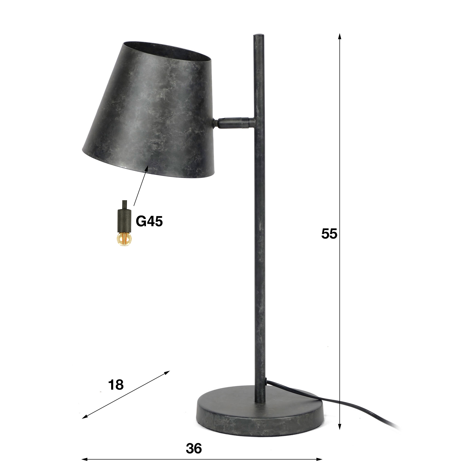 Lampe de table 1L abat-jour métal orientable / Charbon
