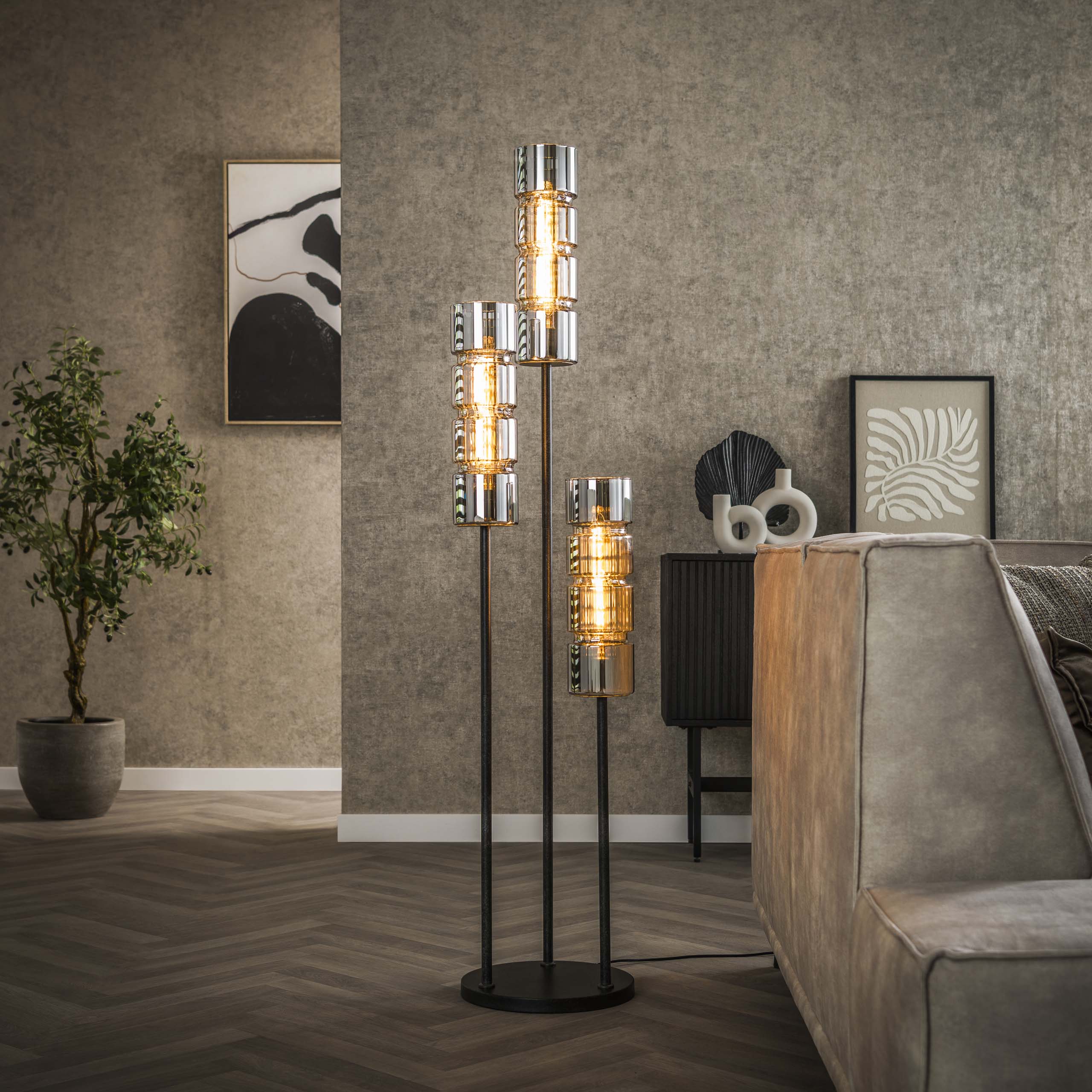 Lampadaire 3L cylindre étagé verre / Noir Artic
