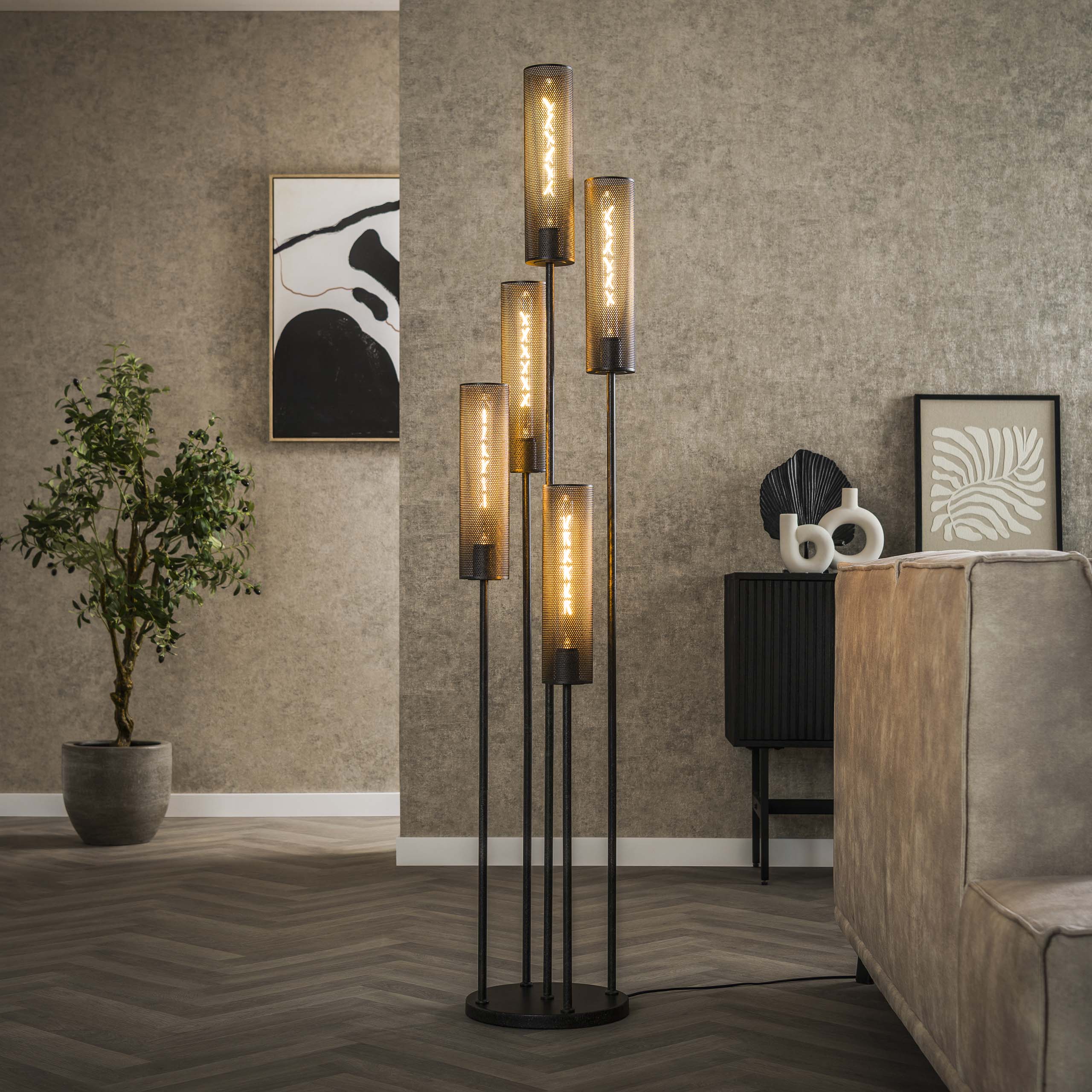 Lampadaire 5L tube étagé maille / Noir Artic