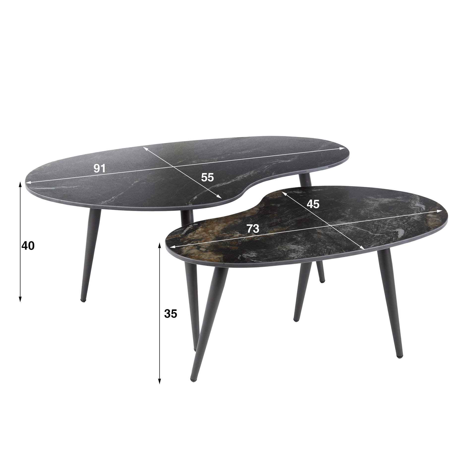 Table basse Fossil en forme de rein - Lot de 2 - Céramique noire