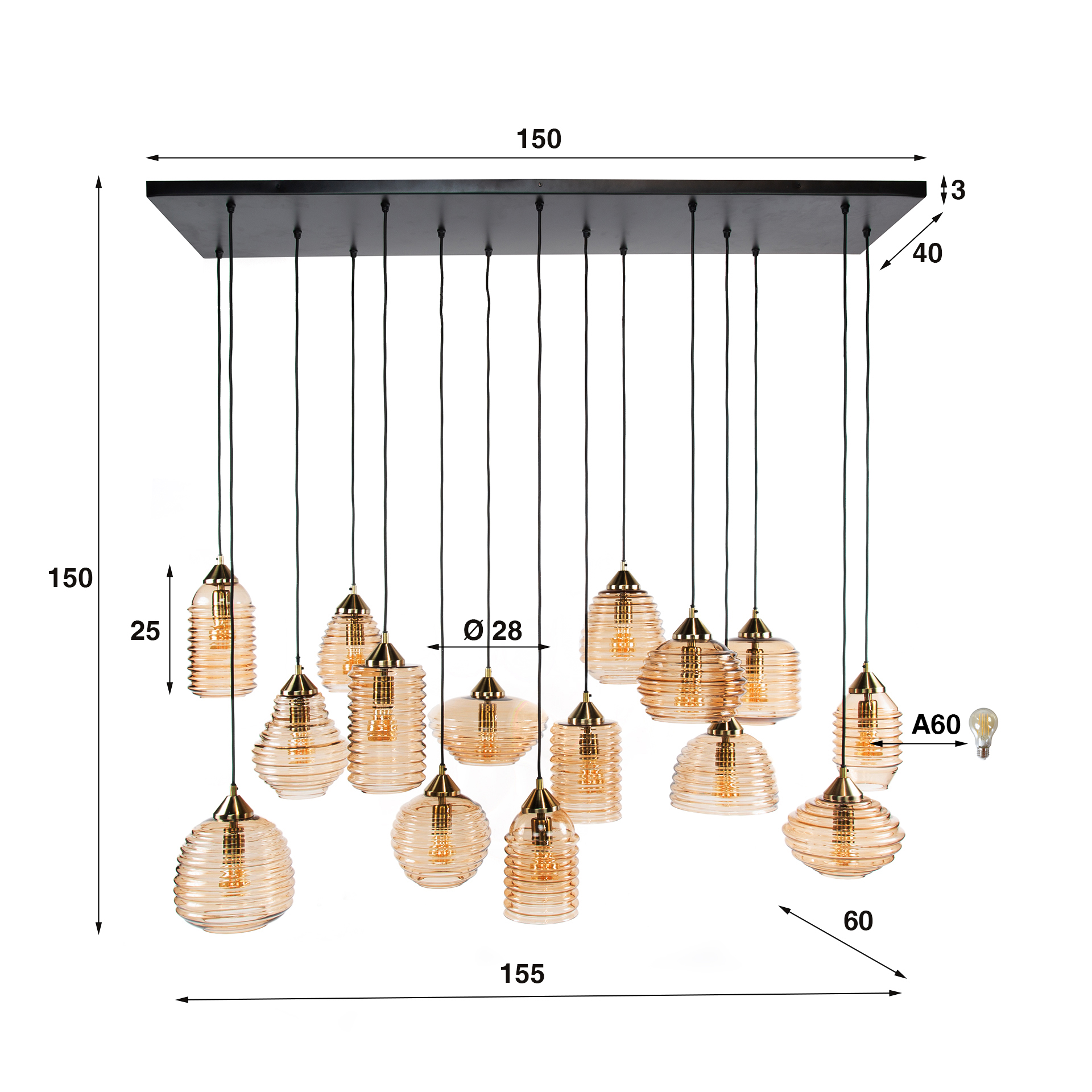 Lampe suspendue Rib Glass 15 lumières - Verre ambré