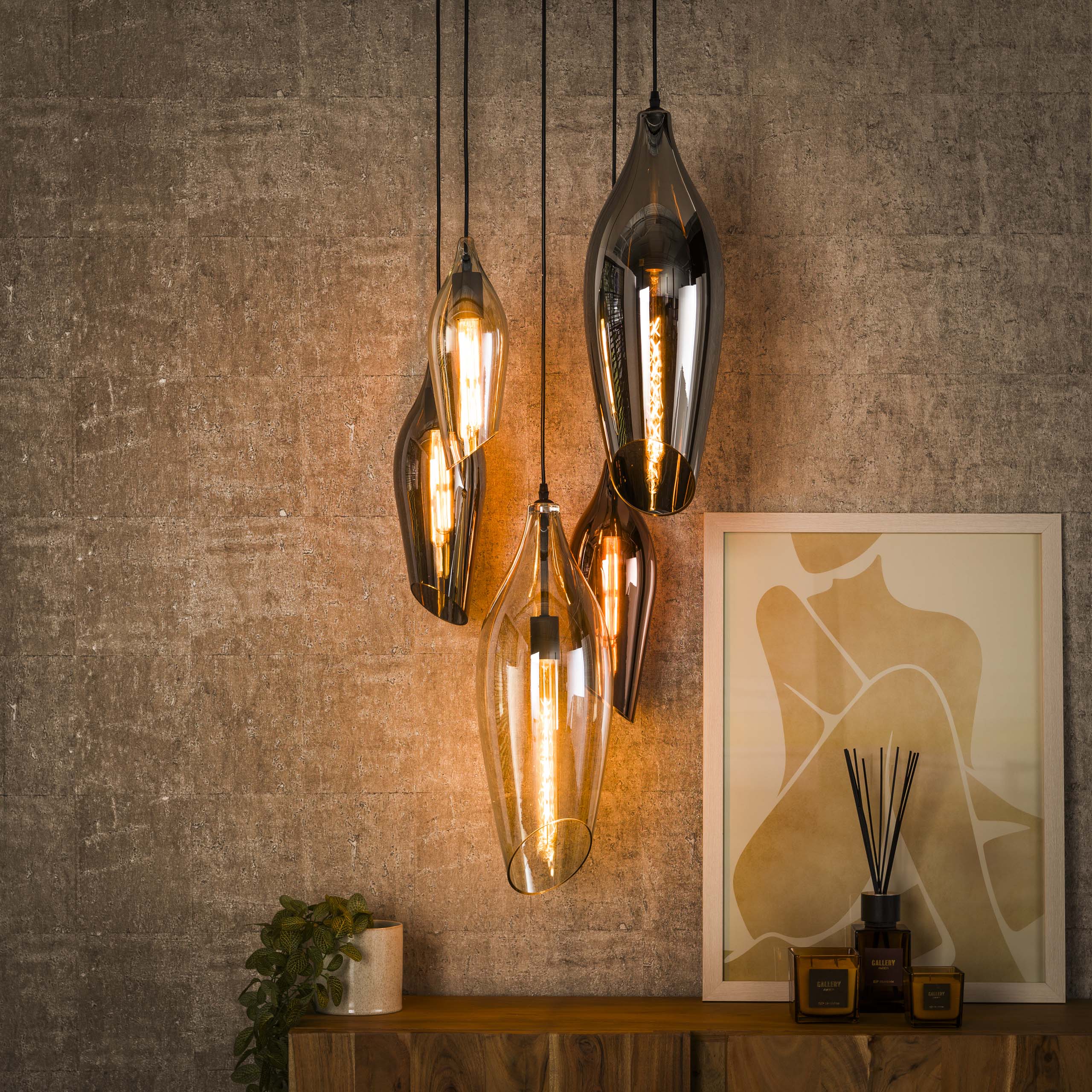 Lampe suspendue 5L cocon étagé mix verre / Noir