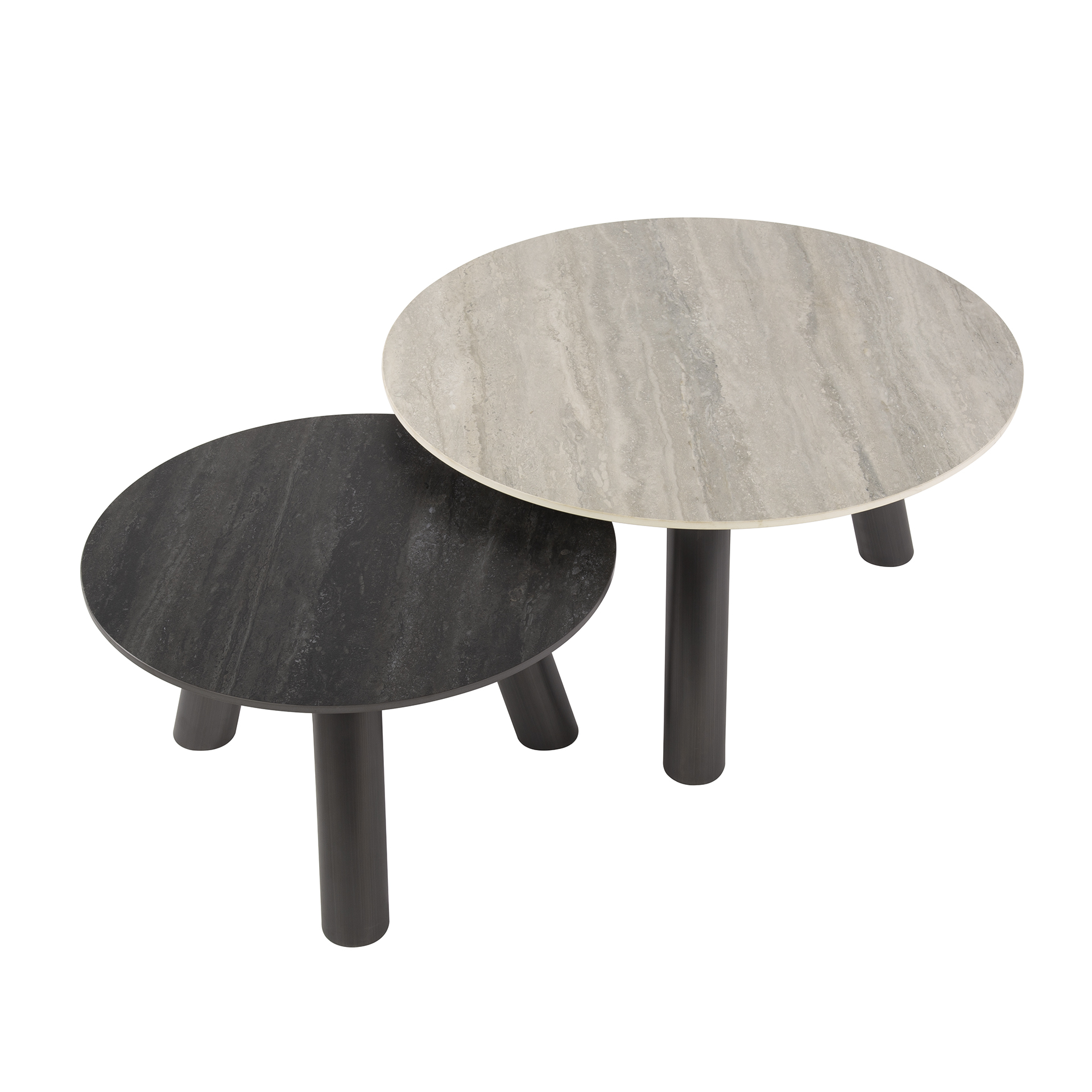 Table basse Twin ronde - Lot de 2 - Travertin noir/gris