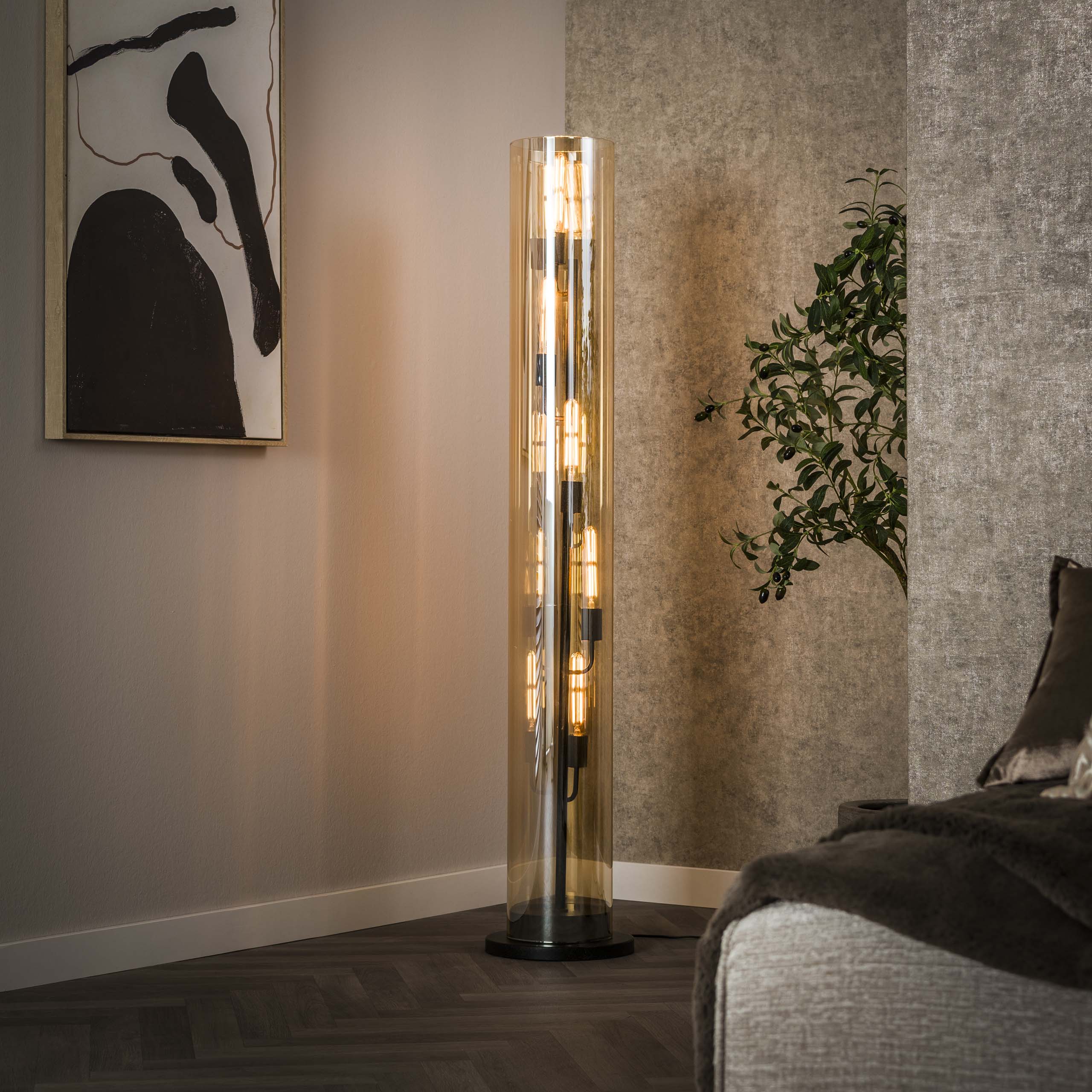 Lampadaire tube 5L verre ambré / Noir Artic