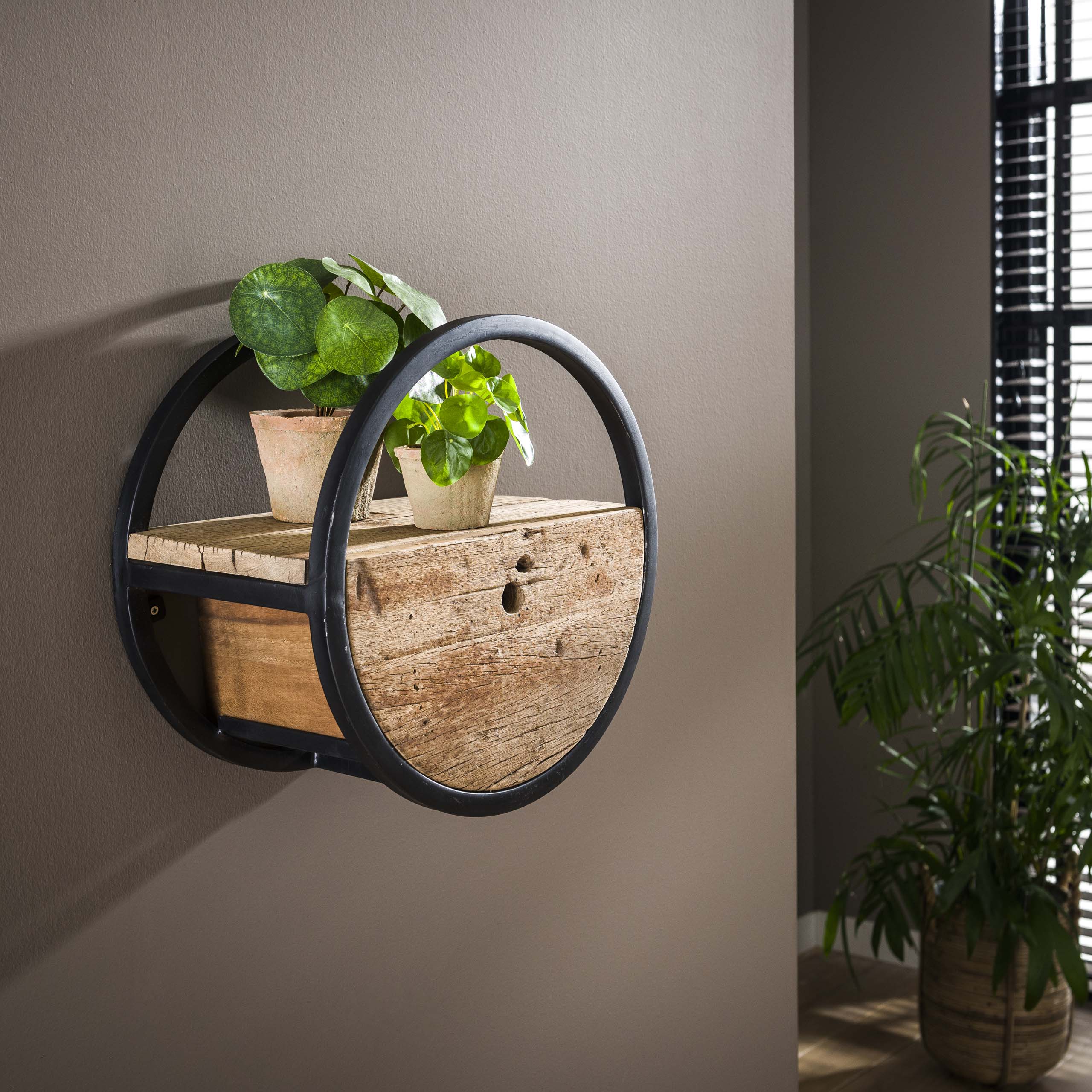 Etagère murale circulaire Ø40 avec tiroir / Bois dur robuste